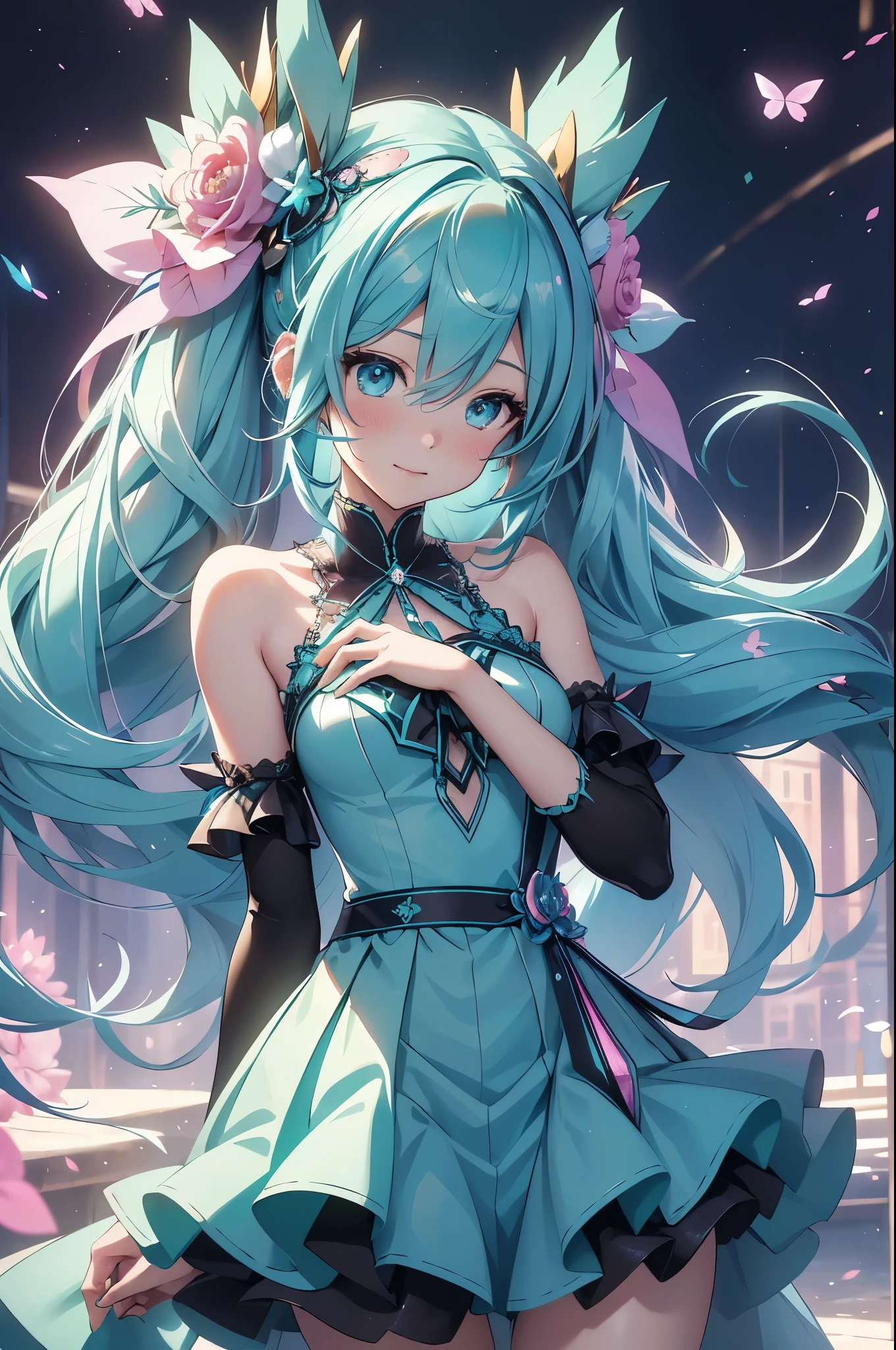 (best quality,4k,8k,highres,masterpiece:1.2),ultra-detailed,(realistic,photorealistic,photo-realistic:1.37),acrylic painting,Hatsune Miku in a ta dress with downy hair,Hatsune Miku with extremely colorful hair and detailed facial features,Hatsune Miku standing in a beautiful garden surrounded by a starry sky,Hatsune Miku wearing a vibrant Loliress,Hatsune Miku with intricate accessories and a matching hat,Hatsune Miku posing gracefully with her hands on her hips,Hatsune Miku with long flowing twintails,Hatsune Miku with bright blue eyes and rosy lips,Hatsune Miku with a joyful expression,Hatsune Miku in a dynamic pose with cherry blossoms falling around her,Hatsune Miku surrounded by colorful flowers and butterflies,Hatsune Miku's dress adorned with cute bows and lace details,Hatsune Miku with an enchanting smile,Hatsune Miku with soft, pastel-colored shading,Hatsune Miku with a magical glow illuminating her,Hatsune Miku in a picturesque setting with a winding path leading to a magnificent castle,Hatsune Miku holding a microphone and singing passionately,Hatsune Miku with a fairytale-like background,Hatsune Miku with a soft, dreamy atmosphere,Hatsune Miku with a subtle bokeh effect,Hatsune Miku standing under a moonlit sky,Hatsune Miku with a warm, golden sunset in the background,Hatsune Miku surrounded by twinkling stars and colorful nebulae,creating an ethereal and captivating artistic masterpiece. 