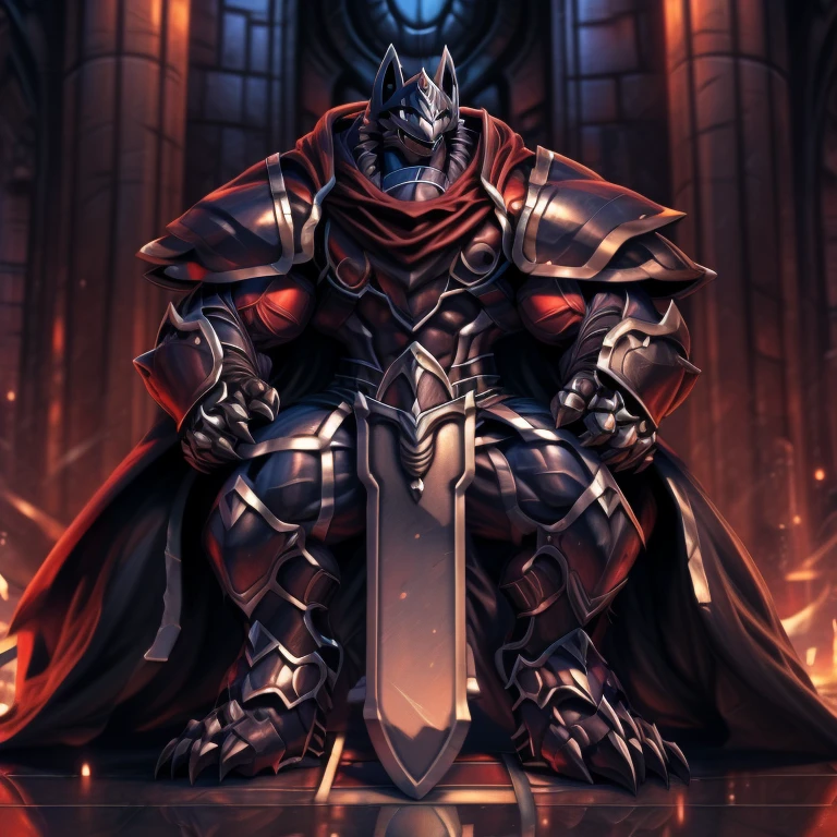 (masterpiece, best quality, detailed:1.2) (Pokémon) LUCARIO, detailed full body, a knight's mechanical armor, glowing wide and heavy armor, wears full body armor. massive muscles, huge pecs, chiseled abs, huge pectorals, exaggeratedly huge muscles. wearing a cloak. unusually developed muscular body big muscle, pecs, triceps, traps, waist narrow, unusually developed muscular body, Dark knight,
BlackKnight_fe, The claws are sharp,
Sharp teeth, sitting on the throne, sword,