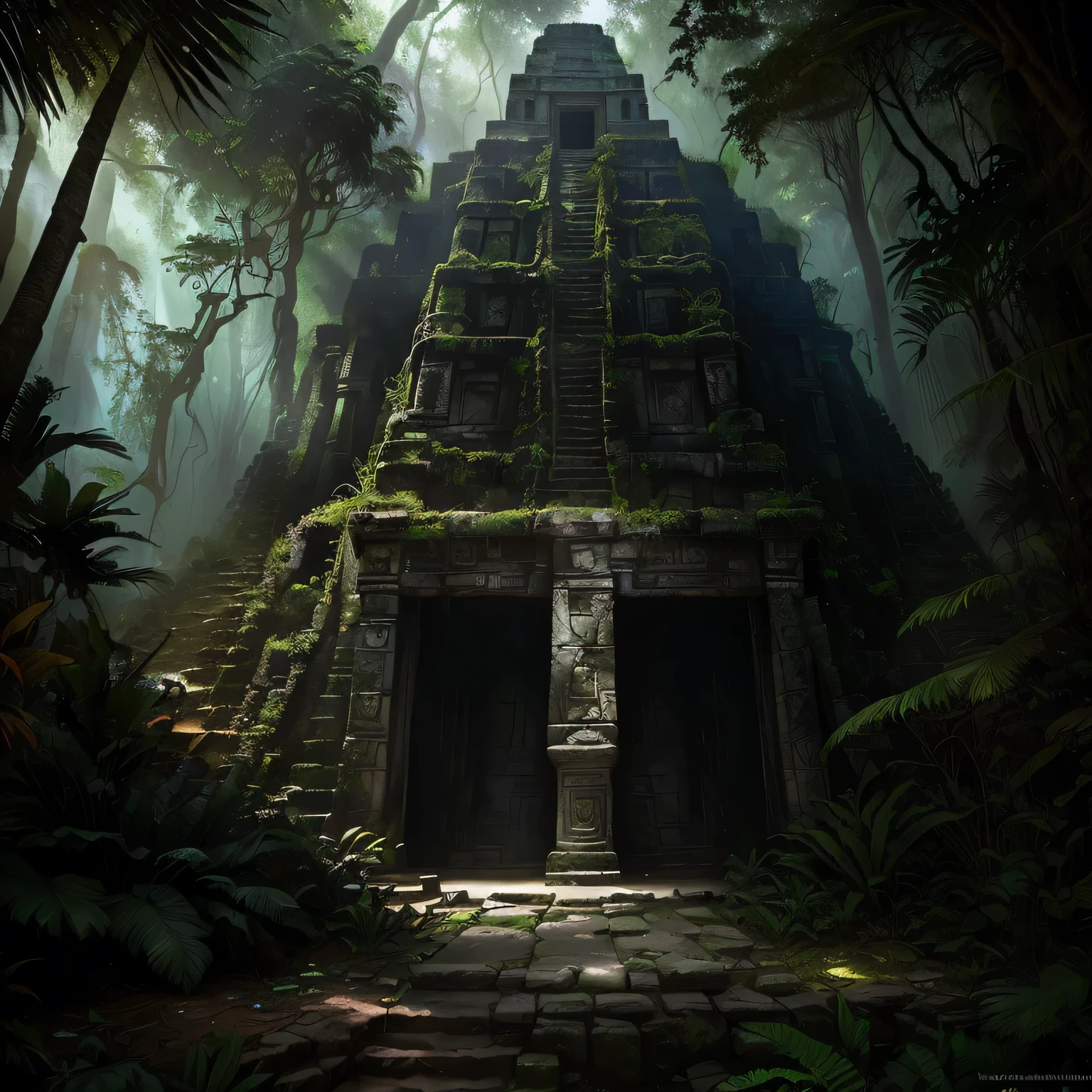 arafed structure in the jungle with a stone staircase leading to a doorway, mayan temple in the jungle, lost temple, secret overgrown temple, dan mumford. maya render, mysterious temple setting, ancient alien jungle, ancient ruins in the forest, ancient jungle, highly realistic concept art, jungle background with ruins, lost world pyramid, ancient temple, stunning photo real concept art