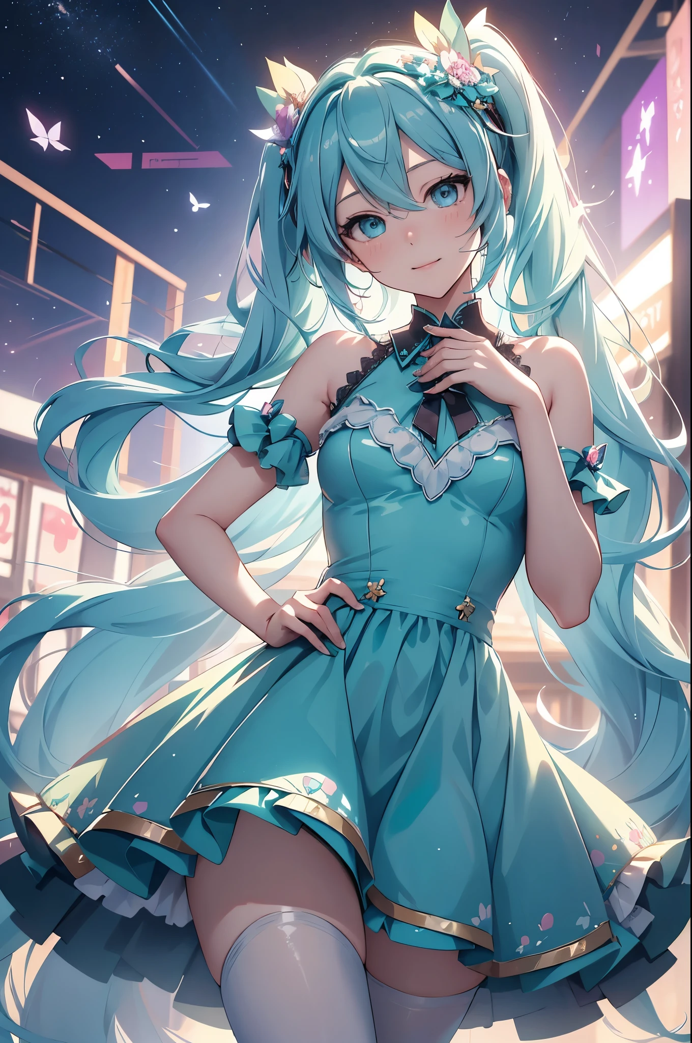 (best quality,4k,8k,highres,masterpiece:1.2),ultra-detailed,(realistic,photorealistic,photo-realistic:1.37),acrylic painting,Hatsune Miku in a Lolita dress with downy hair,Hatsune Miku with extremely colorful hair and detailed facial features,Hatsune Miku standing in a beautiful garden surrounded by a starry sky,Hatsune Miku wearing a vibrant Lolita dress,Hatsune Miku with intricate accessories and a matching hat,Hatsune Miku posing gracefully with her hands on her hips,Hatsune Miku with long flowing twintails,Hatsune Miku with bright blue eyes and rosy lips,Hatsune Miku with a joyful expression,Hatsune Miku in a dynamic pose with cherry blossoms falling around her,Hatsune Miku surrounded by colorful flowers and butterflies,Hatsune Miku's dress adorned with cute bows and lace details,Hatsune Miku with an enchanting smile,Hatsune Miku with soft, pastel-colored shading,Hatsune Miku with a magical glow illuminating her,Hatsune Miku in a picturesque setting with a winding path leading to a magnificent castle,Hatsune Miku holding a microphone and singing passionately,Hatsune Miku with a fairytale-like background,Hatsune Miku with a soft, dreamy atmosphere,Hatsune Miku with a subtle bokeh effect,Hatsune Miku standing under a moonlit sky,Hatsune Miku with a warm, golden sunset in the background,Hatsune Miku surrounded by twinkling stars and colorful nebulae,creating an ethereal and captivating artistic masterpiece. 