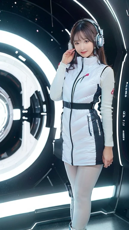 masterpiece:1.4, masterpiece,best quality,1girl,BREAK (portrait shot):100,(lower body):100,BREAK one girl in ((20yr old)), instagrammer pose,idol girl, dynamic pose,(astrovest):2,floating:20,jumping:20,(white shiny downves):5,(white puffer vest):5,(black tights),(black long sleeves):2,black belt ,smartwatch,huge breast,wears a tight futuristic latex silver and black and white bodysuit,(white boots),astrovest, de pele branca,beautiful face ,smile,japanese girl,dark brown
hair,huge-breasted, long hair, Perfect model body, Blue eyes:1.4, Wearing headphones, Flirting, Happy, Looking out the window of the futuristic sci-fi space station,While admiring the beautiful galaxy:1.2, BREAK SF control room on night background:1.1, Neon and energetic atmosphere:1.2 ((Galaxy)) ,((Solo:1.6)),futuristic space station background,inside space craft,Futuristic room,neotech,JeeSoo