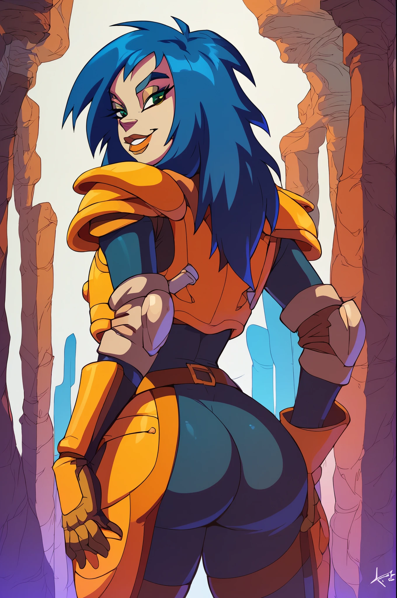 1girl, solo, kylie, blue hair, makeup, green eyes, long hair, lipstick, shoulder armor, armor, bodysuit, standing, presenting, ass, looking at viewer, smile, high quality, score_9, score_8_up, score_7_up