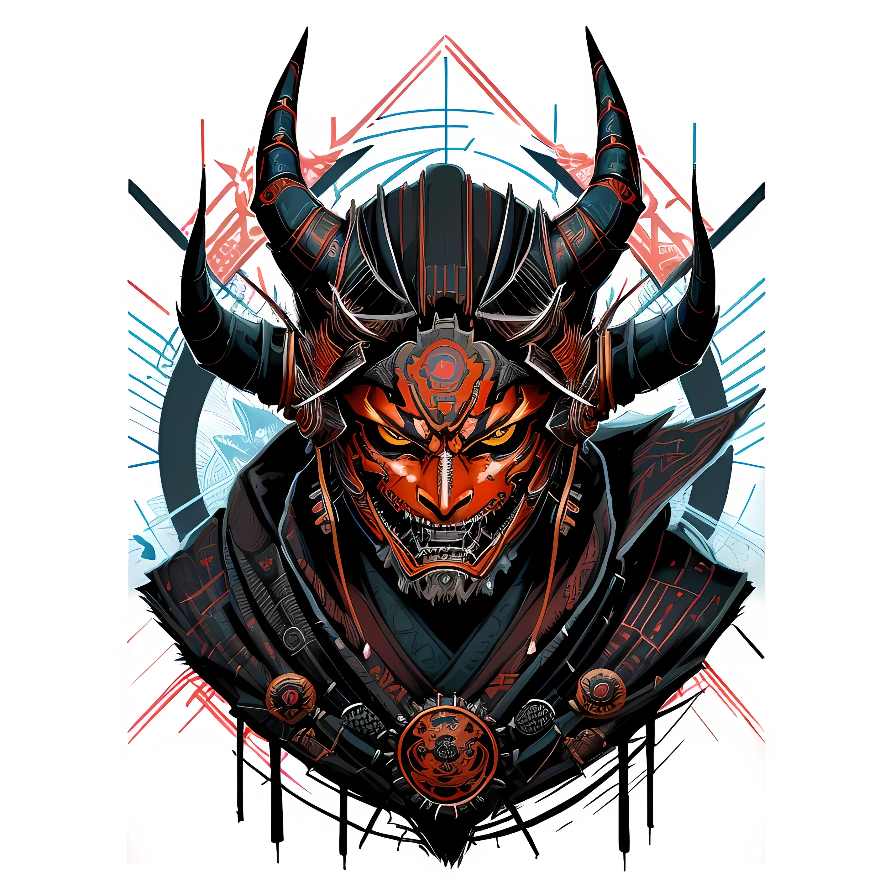 a close up of a drawing of a demon with horns, demon samurai, very beautiful cyberpunk samurai, cyborg samurai, cyberpunk samurai, 6 billion demons style, ( ( ( ( ( dan mumford ) ) ) ) ), neon samurai, oni horns, demon samurai warrior, portrait of a cyberpunk samurai, dan mumford tom bagshaw, style of duelyst, demon samurai mask