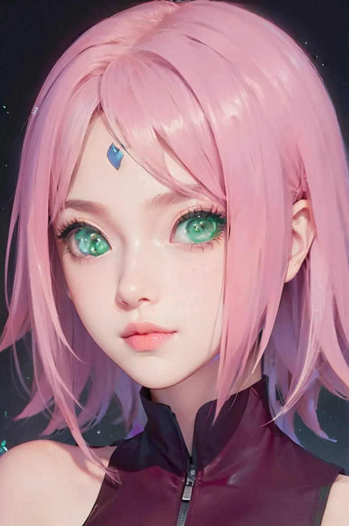 young woman, short shoulder-length pink hair, wide forehead, porcelain skin, pink eyebrows, big emerald green eyes, buttoned nose, full lips, heart-shaped face, slender body, small breasts, red tank top, Sakura Haruno , realistic, realism, details, 3d, well detailed