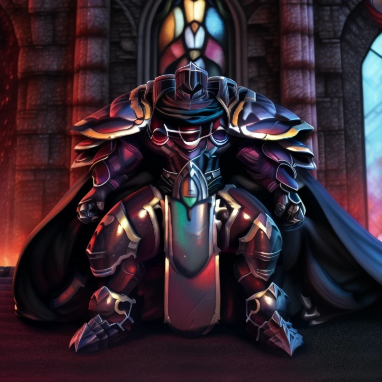 (masterpiece, best quality, detailed:1.2) (Pokémon) lucario, detailed full body, a knight's mechanical armor, glowing wide and heavy armor, wears full body armor. massive muscles, huge pecs, chiseled abs, huge pectorals, exaggeratedly huge muscles. wearing a cloak. unusually developed muscular body big muscle, pecs, triceps, traps, waist narrow, unusually developed muscular body, Dark knight, BlackKnight_fe, The claws are sharp, Sharp teeth, He wears a black cloak on his back. sitting on the throne, sword,