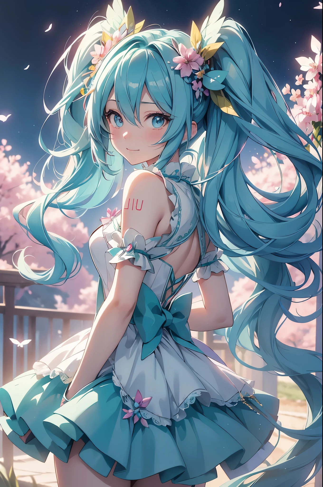 (best quality,4k,8k,highres,masterpiece:1.2),ultra-detailed,(realistic,photorealistic,photo-realistic:1.37),acrylic painting,Hatsune Miku in a Lolita dress with downy hair,Hatsune Miku with extremely colorful hair and detailed facial features,Hatsune Miku standing in a beautiful garden surrounded by a starry sky,Hatsune Miku wearing a vibrant Lolita dress,Hatsune Miku with intricate accessories and a matching hat,Hatsune Miku posing gracefully with her hands on her hips,Hatsune Miku with long flowing twintails,Hatsune Miku with bright blue eyes and rosy lips,Hatsune Miku with a joyful expression,Hatsune Miku in a dynamic pose with cherry blossoms falling around her,Hatsune Miku surrounded by colorful flowers and butterflies,Hatsune Miku's dress adorned with cute bows and lace details,Hatsune Miku with an enchanting smile,Hatsune Miku with soft, pastel-colored shading,Hatsune Miku with a magical glow illuminating her,Hatsune Miku in a picturesque setting with a winding path leading to a magnificent castle,Hatsune Miku holding a microphone and singing passionately,Hatsune Miku with a fairytale-like background,Hatsune Miku with a soft, dreamy atmosphere,Hatsune Miku with a subtle bokeh effect,Hatsune Miku standing under a moonlit sky,Hatsune Miku with a warm, golden sunset in the background,Hatsune Miku surrounded by twinkling stars and colorful nebulae,creating an ethereal and captivating artistic masterpiece.