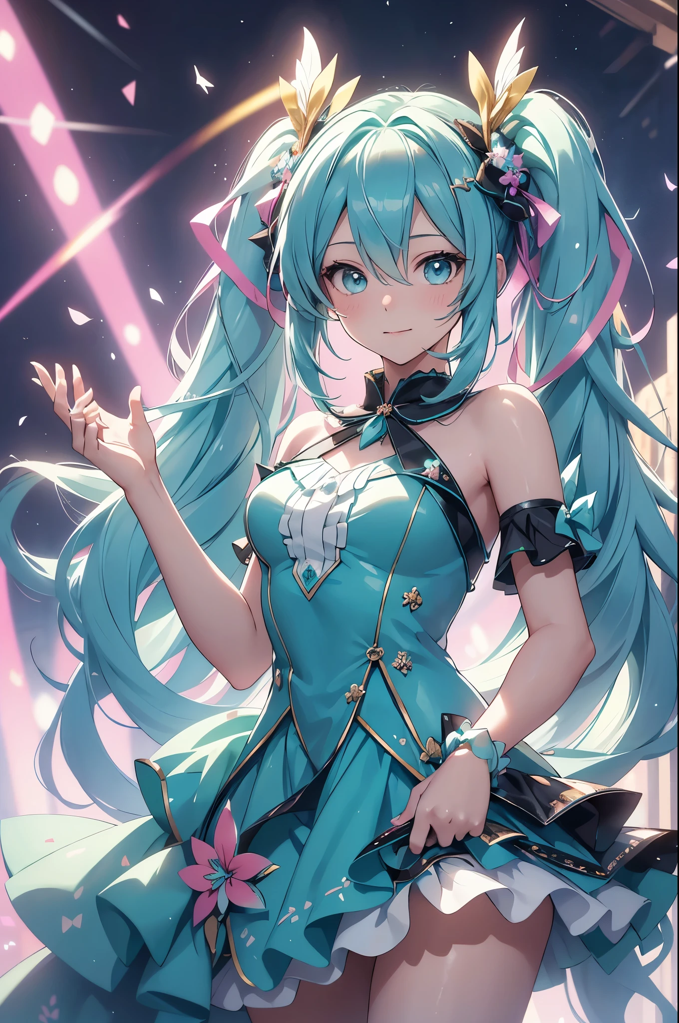 (best quality,4k,8k,highres,masterpiece:1.2),ultra-detailed,(realistic,photorealistic,photo-realistic:1.37),acrylic painting,Hatsune Miku in a dress with downy hair,Hatsune Miku with extremely colorful hair and detailed facial features,Hatsune Miku standing in a beautiful garden surrounded by a starry sky,Hatsune Miku wearing a vibrant Lolita,Hatsune Miku with intricate accessories and a matching hat,Hatsune Miku posing gracefully with her hands on her hips,Hatsune Miku with long flowing twintails,Hatsune Miku with bright blue eyes and rosy lips,Hatsune Miku with a joyful expression,Hatsune Miku in a dynamic pose with cherry blossoms falling around her,Hatsune Miku surrounded by colorful flowers and butterflies,une Miku's dress adorned with cute bows and lace details,Hatsune Miku with an enchanting smile,Hatsune Miku with soft, pastel-colored shading,Hatsune Miku with a magical glow illuminating her,Hatsune Miku in a picturesque setting with a winding path leading to a magnificent castle,Hatsune Miku holding a microphone and singing passionately,Hatsune Miku with a fairytale-like background,Hatsune Miku with a soft, dreamy atmosphere,Hatsune Miku with a subtle bokeh effect,Hatsune Miku standing under a moonlit sky,Hatsune Miku with a warm, golden sunset in the background,Hatsune Miku surrounded by twinkling stars olorful nebulae,creating an ethereal and captivating artistic masterpiece.