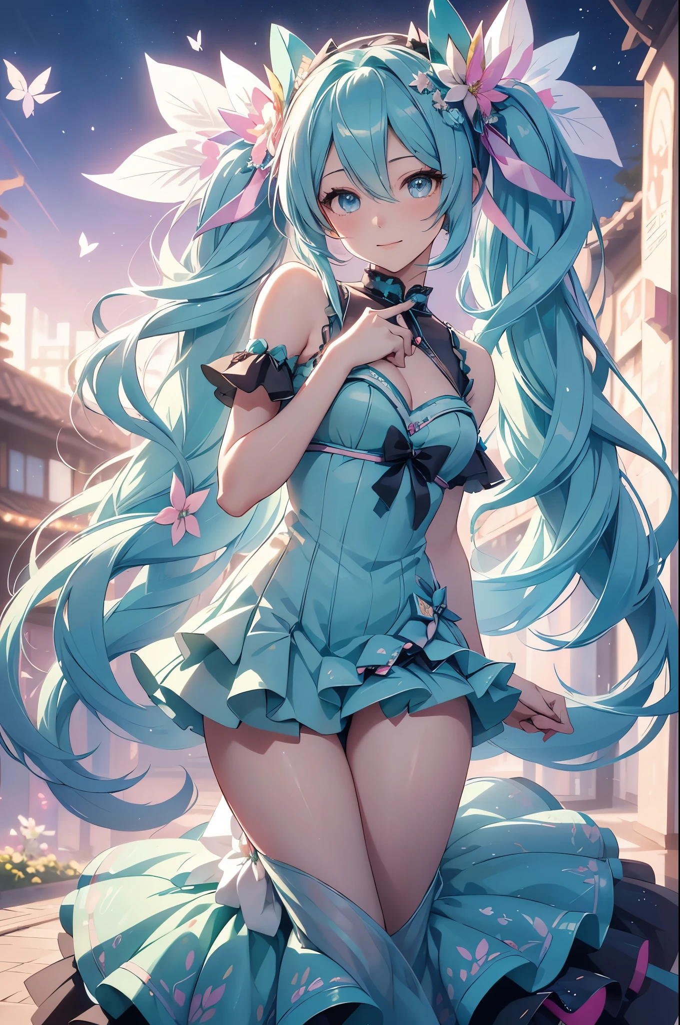 (best quality,4k,8k,highres,masterpiece:1.2),ultra-detailed,(realistic,photorealistic,photo-realistic:1.37),acrylic painting,Hatsune Miku in a ta dress with downy hair,Hatsune Miku with extremely colorful hair and detailed facial features,Hatsune Miku standing in a beautiful garden surrounded by a starry sky,Hatsune Miku wearing a vibrant Loliress,Hatsune Miku with intricate accessories and a matching hat,Hatsune Miku posing gracefully with her hands on her hips,Hatsune Miku with long flowing twintails,Hatsune Miku with bright blue eyes and rosy lips,Hatsune Miku with a joyful expression,Hatsune Miku in a dynamic pose with cherry blossoms falling around her,Hatsune Miku surrounded by colorful flowers and butterflies,Hatsune Miku's dress adorned with cute bows and lace details,Hatsune Miku with an enchanting smile,Hatsune Miku with soft, pastel-colored shading,Hatsune Miku with a magical glow illuminating her,Hatsune Miku in a picturesque setting with a winding path leading to a magnificent castle,Hatsune Miku holding a microphone and singing passionately,Hatsune Miku with a fairytale-like background,Hatsune Miku with a soft, dreamy atmosphere,Hatsune Miku with a subtle bokeh effect,Hatsune Miku standing under a moonlit sky,Hatsune Miku with a warm, golden sunset in the background,Hatsune Miku surrounded by twinkling stars and colorful nebulae,creating an ethereal and captivating artistic masterpiece.