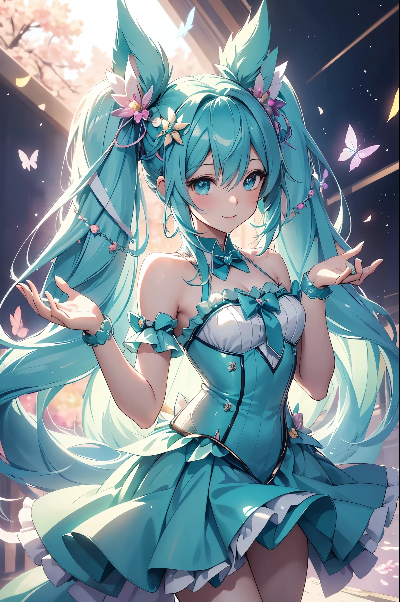 (best quality,4k,8k,highres,masterpiece:1.2),ultra-detailed,(realistic,photorealistic,photo-realistic:1.37),acrylic painting,Hatsune Miku in a ta dress with downy hair,Hatsune Miku with extremely colorful hair and detailed facial features,Hatsune Miku standing in a beautiful garden surrounded by a starry sky,Hatsune Miku wearing a vibrant Loliress,Hatsune Miku with intricate accessories and a matching hat,Hatsune Miku posing gracefully with her hands on her hips,Hatsune Miku with long flowing twintails,Hatsune Miku with bright blue eyes and rosy lips,Hatsune Miku with a joyful expression,Hatsune Miku in a dynamic pose with cherry blossoms falling around her,Hatsune Miku surrounded by colorful flowers and butterflies,Hatsune Miku's dress adorned with cute bows and lace details,Hatsune Miku with an enchanting smile,Hatsune Miku with soft, pastel-colored shading,Hatsune Miku with a magical glow illuminating her,Hatsune Miku in a picturesque setting with a winding path leading to a magnificent castle,Hatsune Miku holding a microphone and singing passionately,Hatsune Miku with a fairytale-like background,Hatsune Miku with a soft, dreamy atmosphere,Hatsune Miku with a subtle bokeh effect,Hatsune Miku standing under a moonlit sky,Hatsune Miku with a warm, golden sunset in the background,Hatsune Miku surrounded by twinkling stars and colorful nebulae,creating an ethereal and captivating artistic masterpiece.