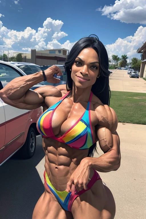 a 50-year-old woman of indian heritage, ifbb competition, bimbo aesthetic, milf vibes, white hair, dark skinned, thick lips, (iridescent bikini)