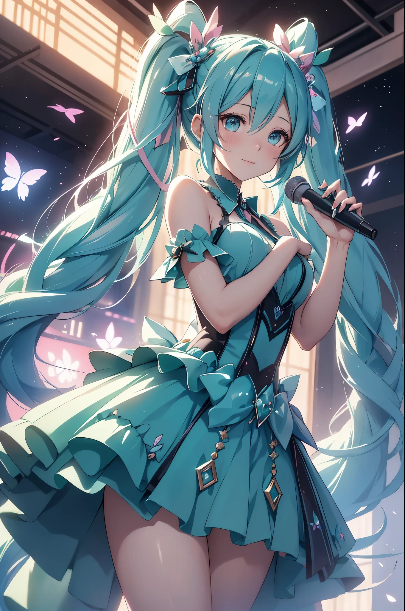 (best quality,4k,8k,highres,masterpiece:1.2),ultra-detailed,(realistic,photorealistic,photo-realistic:1.37),acrylic painting,Hatsune Miku in a ta dress with downy hair,Hatsune Miku with extremely colorful hair and detailed facial features,Hatsune Miku standing in a beautiful garden surrounded by a starry sky,Hatsune Miku wearing a vibrant Loliress,Hatsune Miku with intricate accessories and a matching hat,Hatsune Miku posing gracefully with her hands on her hips,Hatsune Miku with long flowing twintails,Hatsune Miku with bright blue eyes and rosy lips,Hatsune Miku with a joyful expression,Hatsune Miku in a dynamic pose with cherry blossoms falling around her,Hatsune Miku surrounded by colorful flowers and butterflies,Hatsune Miku's dress adorned with cute bows and lace details,Hatsune Miku with an enchanting smile,Hatsune Miku with soft, pastel-colored shading,Hatsune Miku with a magical glow illuminating her,Hatsune Miku in a picturesque setting with a winding path leading to a magnificent castle,Hatsune Miku holding a microphone and singing passionately,Hatsune Miku with a fairytale-like background,Hatsune Miku with a soft, dreamy atmosphere,Hatsune Miku with a subtle bokeh effect,Hatsune Miku standing under a moonlit sky,Hatsune Miku with a warm, golden sunset in the background,Hatsune Miku surrounded by twinkling stars and colorful nebulae,creating an ethereal and captivating artistic masterpiece.