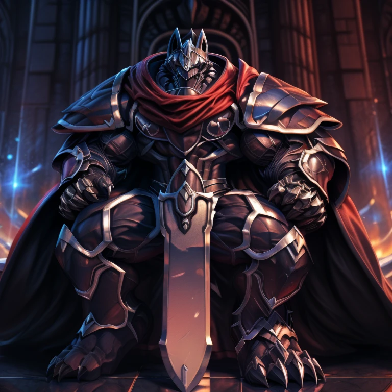 (masterpiece, best quality, detailed:1.2) (Pokémon) LUCARIO, detailed full body, a knight's mechanical armor, glowing wide and heavy armor, wears full body armor. massive muscles, huge pecs, chiseled abs, huge pectorals, exaggeratedly huge muscles. wearing a cloak. unusually developed muscular body big muscle, pecs, triceps, traps, waist narrow, unusually developed muscular body, Dark knight,
BlackKnight_fe, The claws are sharp,
Sharp teeth, sitting on the throne, With a sword in one hand