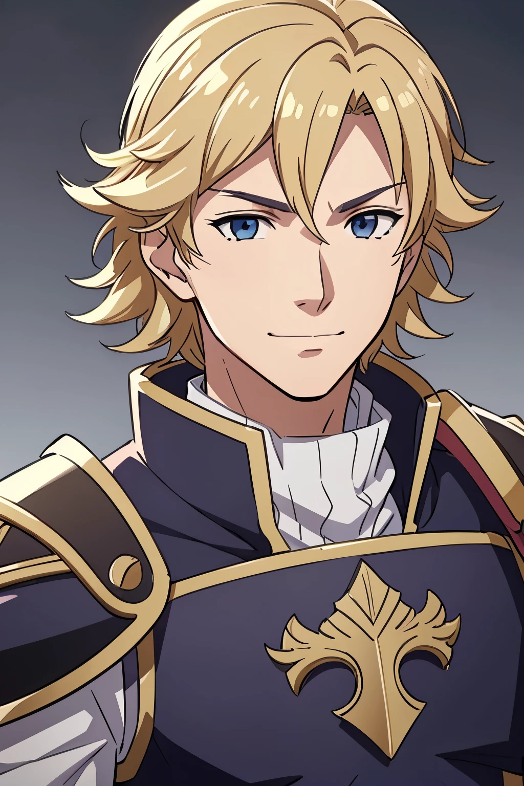 (high-quality, breathtaking),(expressive eyes, perfect face) 1boy, male, solo, portrait, young adult, age 18, Fire Emblem Awakening, Symmetrical Eyes, Fire Emblem, golden blonde hair color, short hair length, messy wavy hair, upper body, blue eyes, positive expression, charming smile, detailed eyes, blonde brown hair, narrpw eyes, kind expression, pink cape, black armor, gold trim, weapon, sword sheathed, breastplate, gauntlets, shoulder armor, pauldrons, Chrom Fire Emblem Awakening
