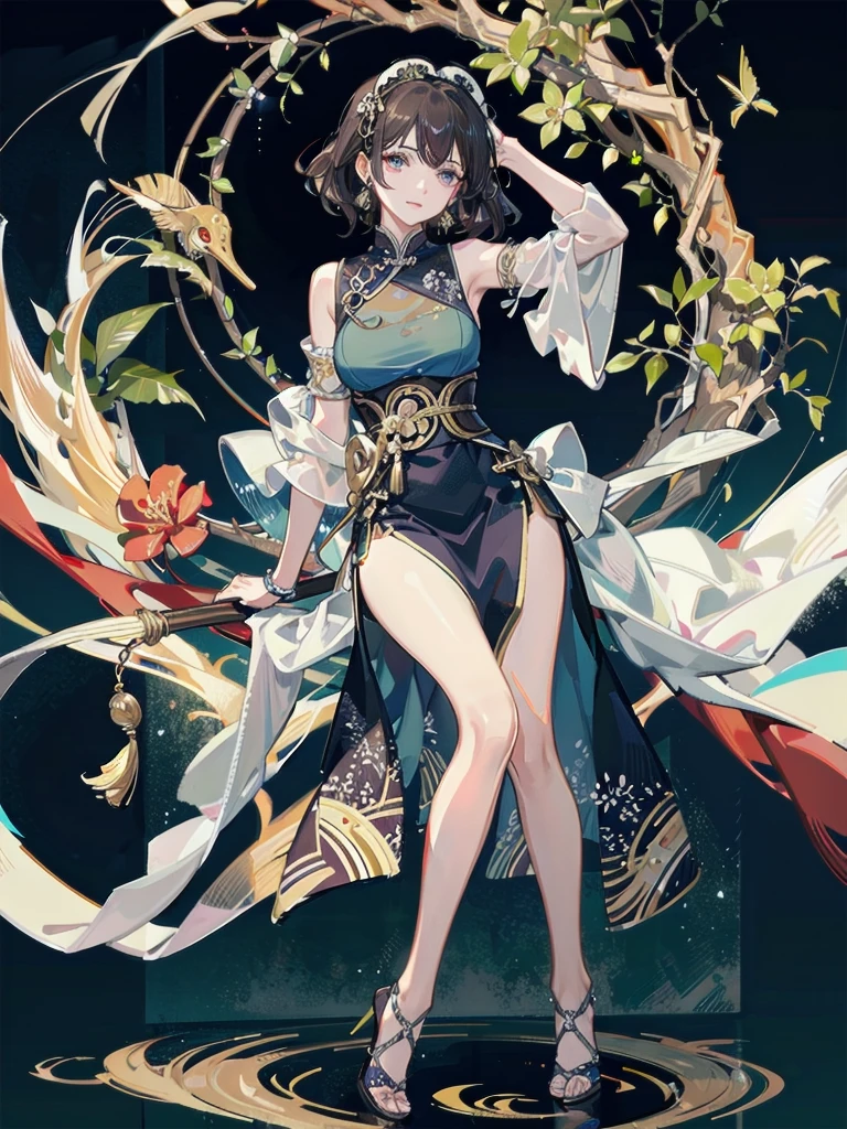absurdres, RAW photo, extremely delicate and beautiful, masterpiece, Best Quality, ultra high resolution, 32k, hyperrealistic, ultra-detailed, detailed description, pale skin, 20 years old, detailed beautiful face and eyes, tearful mole, earring, very huge round breasts, short medium hair, wavy hair, full body shot, jewelry, skirt, hair adornments, Chinese clothes, sheer transparent clothes,