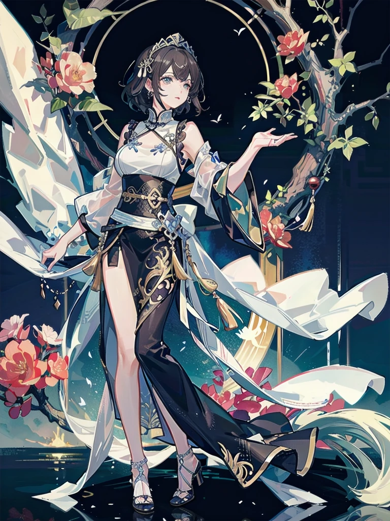 absurdres, RAW photo, extremely delicate and beautiful, masterpiece, Best Quality, ultra high resolution, 32k, hyperrealistic, ultra-detailed, detailed description, pale skin, 20 years old, detailed beautiful face and eyes, tearful mole, earring, very huge round breasts, short medium hair, wavy hair, full body shot, jewelry, skirt, hair adornments, Chinese clothes, sheer transparent clothes,