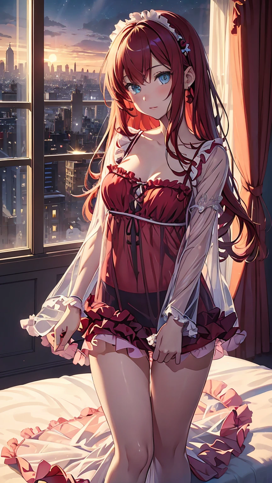 ((best quality)), ((masterpiece)), (detailed), perfect face, perfect body, 1girl, red long hair, cyan eyes, ((nightgown)), ((see-through)), ((frilly nightgown)), Seeing the girl front body, the girl in middle of bedroom hotel and windows from hotel bedroom showing the city night in background