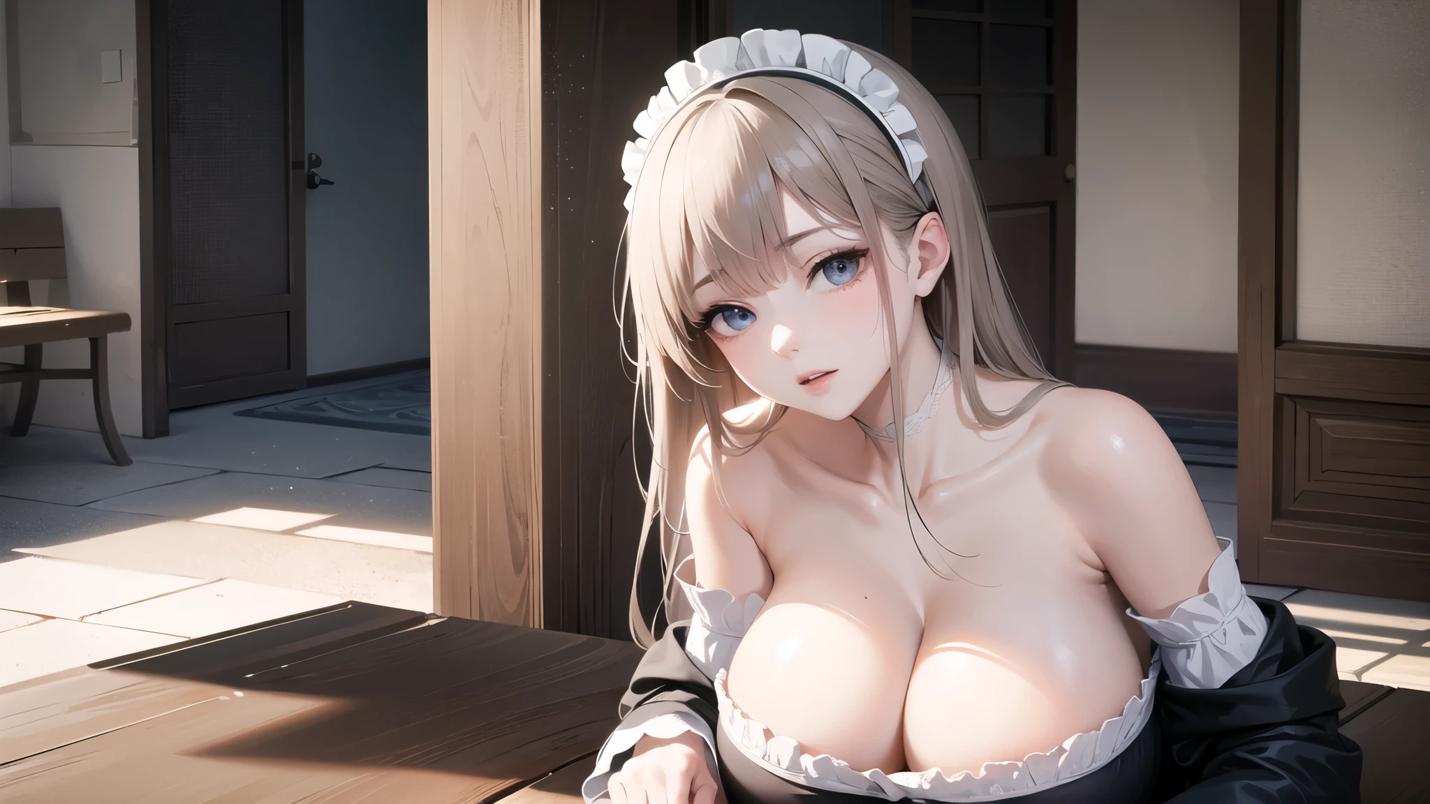 (((masterpiece, best quality))), (((superior quality))), cute girl, ((extremely detailed girl)), (()), maid, ( shoulders), strapless top, ( neck)