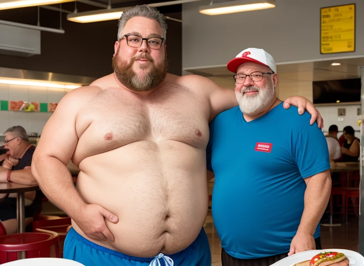 Only plump, chubby, extremely thick thighs, large belly, wearing only red swim trunks, Random face man of 56 years old has a large slightly gray beard, he is working inside a cafeteria preparing hamburgers, serving burger to customer. He is holding a plate with a burger and fries in his hands. He wears glasses.