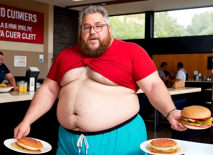 Only plump, chubby, extremely thick thighs, large belly, wearing only red swim trunks, Random face man of 56 years old has a large slightly gray beard, he is working inside a cafeteria preparing hamburgers, serving burger to customer. He is holding a plate with a burger and fries in his hands. He wears glasses.