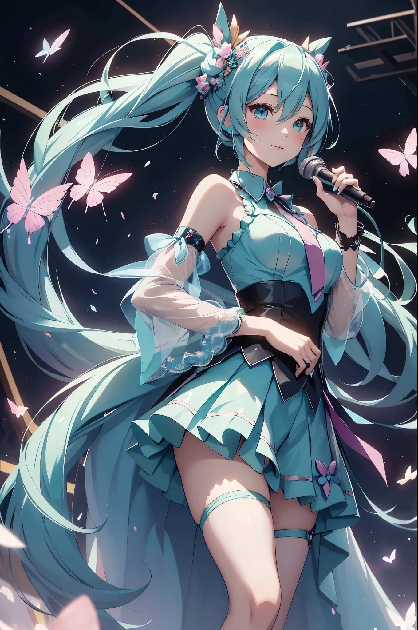 (best quality,4k,8k,highres,masterpiece:1.2),ultra-detailed,(realistic,photorealistic,photo-realistic:1.37),acrylic painting,Hatsune Miku in a ta dress with downy hair,Hatsune Miku with extremely colorful hair and detailed facial features,Hatsune Miku standing in a beautiful garden surrounded by a starry sky,Hatsune Miku wearing a vibrant Loliress,Hatsune Miku with intricate accessories and a matching hat,Hatsune Miku posing gracefully with her hands on her hips,Hatsune Miku with long flowing twintails,Hatsune Miku with bright blue eyes and rosy lips,Hatsune Miku with a joyful expression,Hatsune Miku in a dynamic pose with cherry blossoms falling around her,Hatsune Miku surrounded by colorful flowers and butterflies,Hatsune Miku's dress adorned with cute bows and lace details,Hatsune Miku with an enchanting smile,Hatsune Miku with soft, pastel-colored shading,Hatsune Miku with a magical glow illuminating her,Hatsune Miku in a picturesque setting with a winding path leading to a magnificent castle,Hatsune Miku holding a microphone and singing passionately,Hatsune Miku with a fairytale-like background,Hatsune Miku with a soft, dreamy atmosphere,Hatsune Miku with a subtle bokeh effect,Hatsune Miku standing under a moonlit sky,Hatsune Miku with a warm, golden sunset in the background,Hatsune Miku surrounded by twinkling stars and colorful nebulae,creating an ethereal and captivating artistic masterpiece.