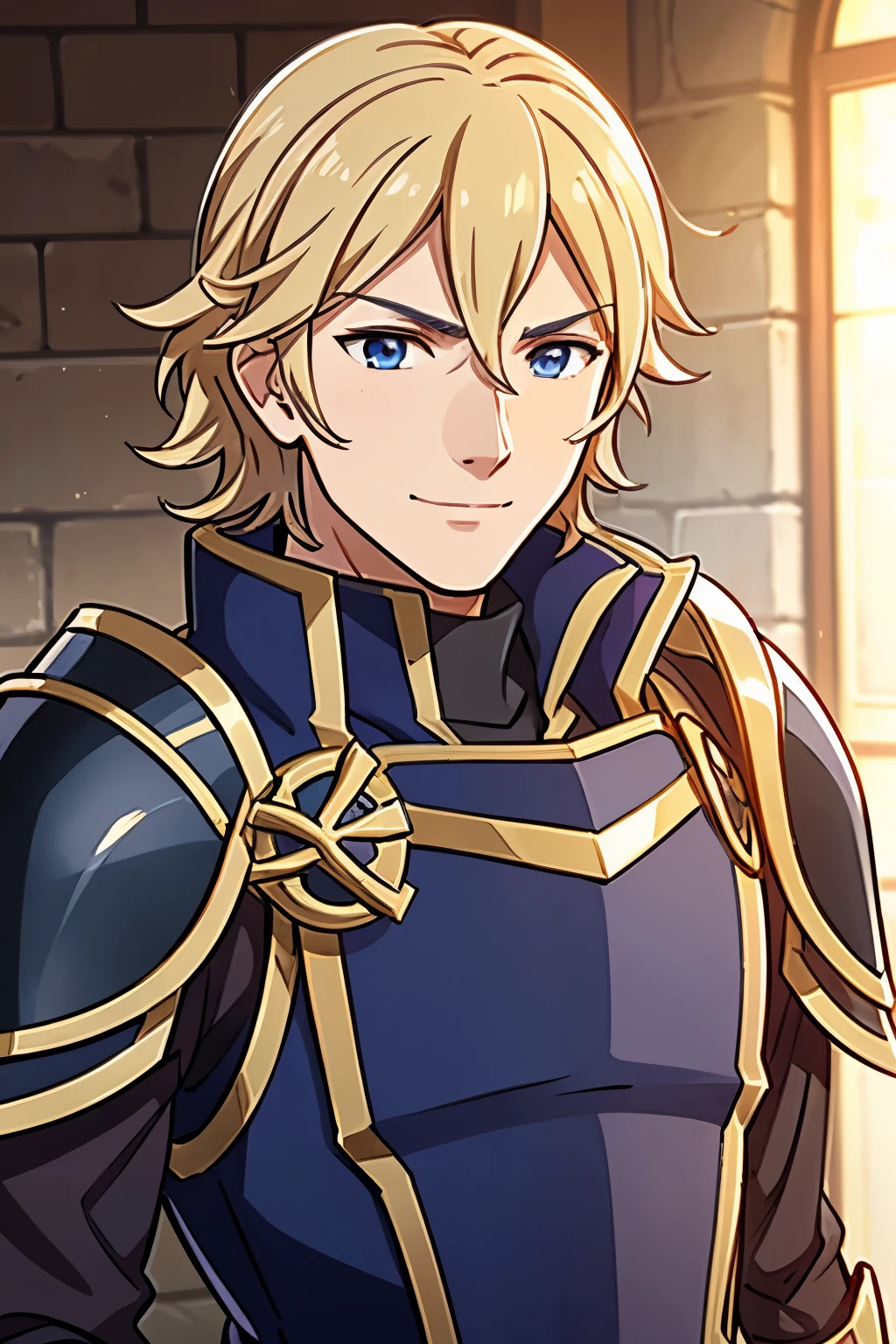 (high-quality, breathtaking),(expressive eyes, perfect face) 1boy, male, solo, portrait, young adult, age 18, Fire Emblem Awakening, Symmetrical Eyes, Fire Emblem, golden blonde hair color, short hair length, messy wavy hair, upper body, blue eyes, positive expression, charming smile, detailed eyes, blonde brown hair, narrpw eyes, kind expression, pink cape, black armor, gold trim, weapon, sword sheathed, breastplate, gauntlets, shoulder armor, pauldrons, Chrom Fire Emblem Awakening
