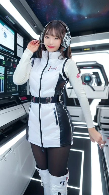 ​masterpiece:1.4, masterpiece,best quality,1girl,BREAK (portrait shot):100,(lower body):100,BREAK one girl in ((20yr old)), instagrammer pose,idol girl, dynamic pose,(astrovest):2,floating:20,jumping:20,(white shiny downves):5,(white puffer vest):5,(black tights),(black long sleeves):2,black belt ,smartwatch,huge breast,wears a tight futuristic latex silver and black and white bodysuit,(white boots),astrovest, de pele branca,beautiful face ,smile,japanese girl,dark brown 
hair,huge-breasted, long hair, Perfect model body, Blue eyes:1.4, Wearing headphones, Flirting, Happy,  Looking out the window of the futuristic sci-fi space station,While admiring the beautiful galaxy:1.2, BREAK SF control room on night background:1.1, Neon and energetic atmosphere:1.2 ((Galaxy)) ,((Solo:1.6)),futuristic space station background,inside space craft,Futuristic room,neotech,JeeSoo 