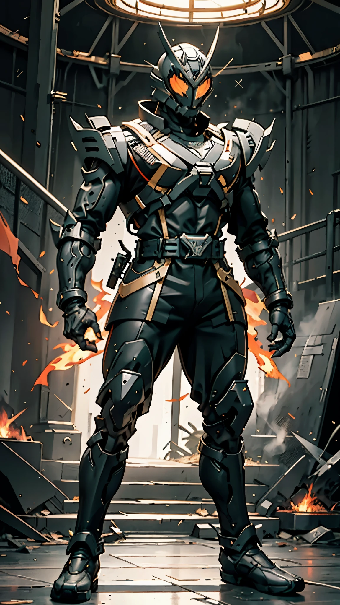 A man wearing a full-face helmet, a fantasy-style biomecha armored combat suit, green eyes, a composite layered chest armor, fully enclosed shoulder guards, matching arm and leg guards, the belt is adorned with dragon claw grasping orbs, primarily black with red accents, the design balances heavy with agility, a high-tech biological armor, concept inspired by dragons, stands on the skyscraper of a futuristic high-tech city, this character embodies a finely crafted fantasy-surreal style armored hero in anime style, exquisite and mature manga art style, ((male:1.5)), metallic, real texture material, dramatic, high definition, best quality, highres, ultra-detailed, ultra-fine painting, extremely delicate, professional, perfect body proportions, golden ratio, anatomically correct, symmetrical face, extremely detailed eyes and face, high quality eyes, creativity, RAW photo, UHD, 32k, Natural light, cinematic lighting, masterpiece-anatomy-perfect, masterpiece:1.5