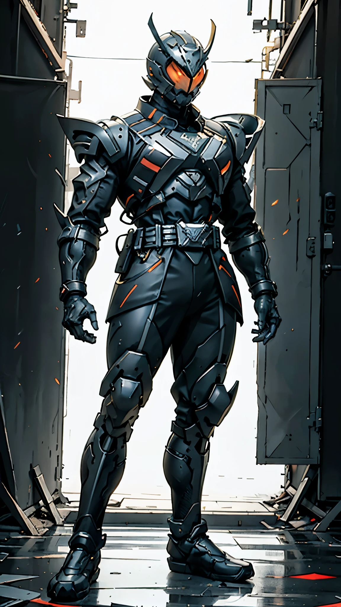 A man wearing a full-face helmet, a fantasy-style biomecha armored combat suit, green eyes, a composite layered chest armor, fully enclosed shoulder guards, matching arm and leg guards, the belt is adorned with dragon claw grasping orbs, primarily black with red accents, the design balances heavy with agility, a high-tech biological armor, concept inspired by dragons, stands on the skyscraper of a futuristic high-tech city, this character embodies a finely crafted fantasy-surreal style armored hero in anime style, exquisite and mature manga art style, ((male:1.5)), metallic, real texture material, dramatic, high definition, best quality, highres, ultra-detailed, ultra-fine painting, extremely delicate, professional, perfect body proportions, golden ratio, anatomically correct, symmetrical face, extremely detailed eyes and face, high quality eyes, creativity, RAW photo, UHD, 32k, Natural light, cinematic lighting, masterpiece-anatomy-perfect, masterpiece:1.5