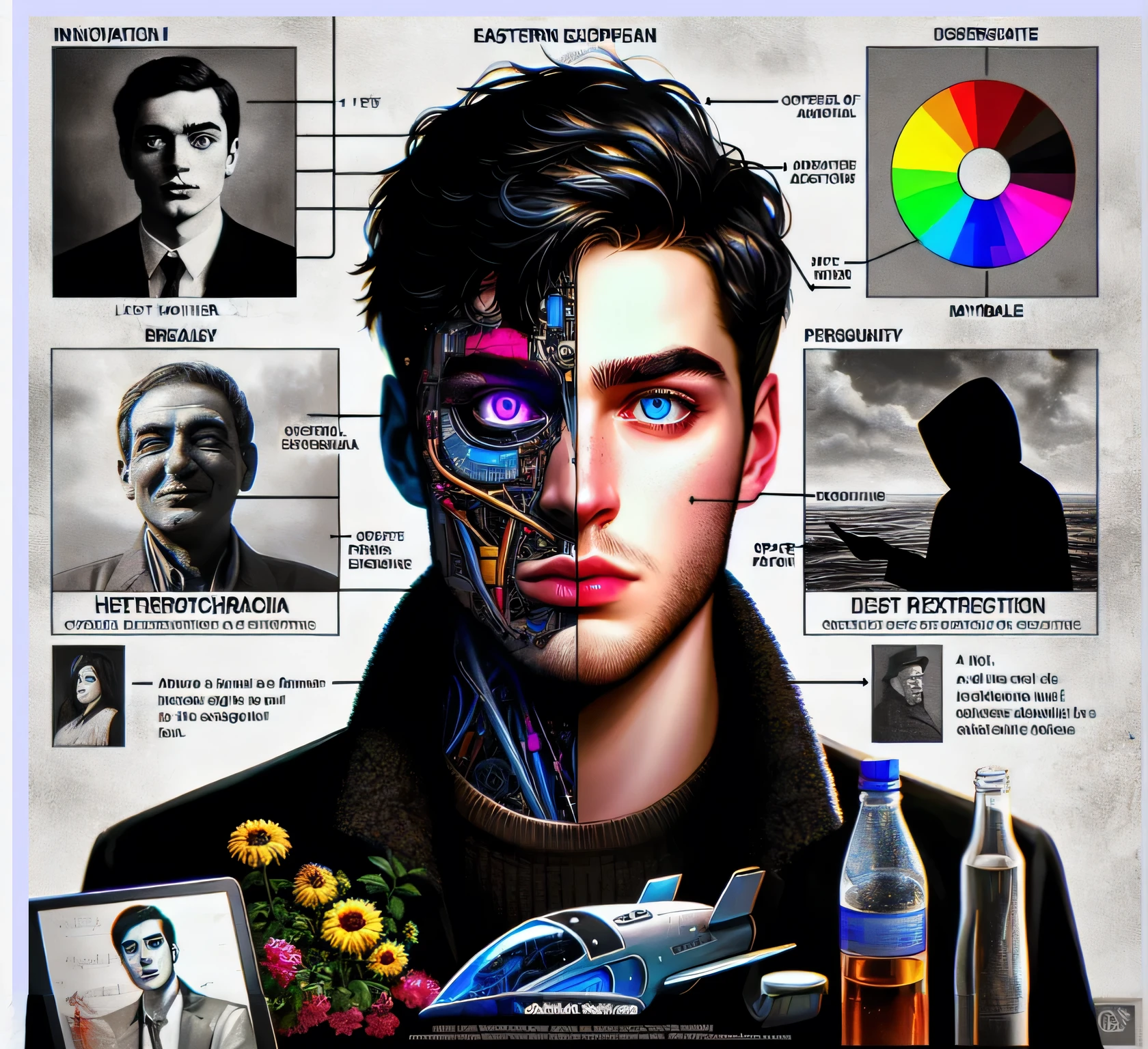 there is a poster of a man with a futuristic face and a photo of a man with a futuristic face, estilo de arte digital, capa de arte, obra-prima de arte digital, artstation man aesthetic, retrato de um artista faminto de IA, retrato de personagem darksynth, Ilustra??the epic portrait, retrato colorido, arte oficial, in digital illustration style, tecnologia batida. estilo neo preto, arte do photoshop