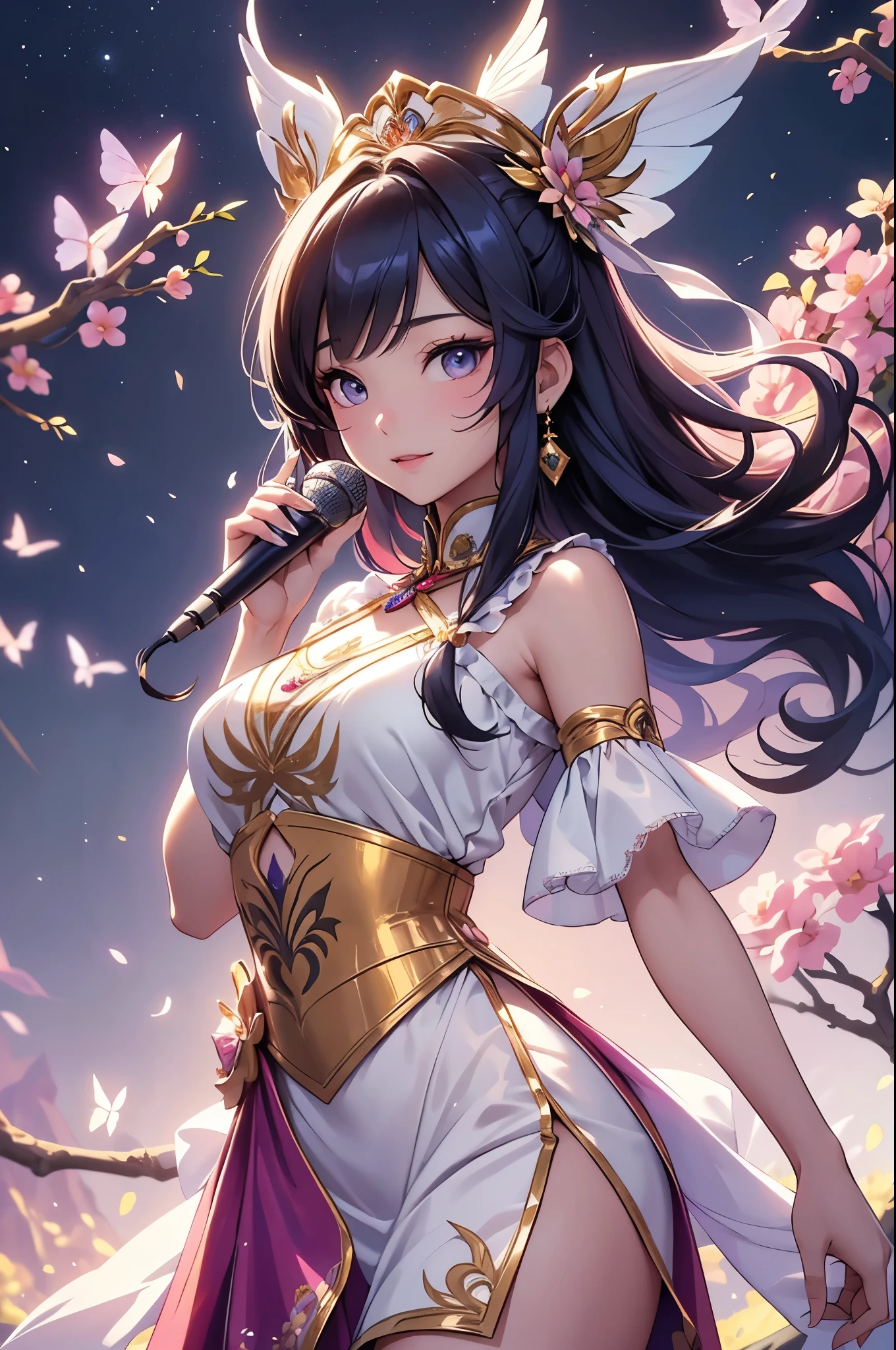 (best quality,4k,8k,highres,masterpiece:1.2),ultra-detailed,(realistic,photorealistic,photo-realistic:1.37),acrylic painting,beautiful Thai model in a Lolita dress with downy hair,beautiful Thai model with extremely colorful hair and detailed facial features,beautiful Thai model standing in a beautiful garden surrounded by a starry sky,beautiful Thai model wearing a vibrant Lolita dress,beautiful Thai model with intricate accessories and a matching hat,beautiful Thai model posing gracefully with her hands on her hips,beautiful Thai model with long flowing twintails,beautiful Thai model with bright blue eyes and rosy lips,beautiful Thai model with a joyful expression,beautiful Thai model in a dynamic pose with cherry blossoms falling around her,beautiful Thai model surrounded by colorful flowers and butterflies,beautiful Thai model's dress adorned with cute bows and lace details,beautiful Thai model with an enchanting smile,beautiful Thai model with soft, pastel-colored shading,beautiful Thai model with a magical glow illuminating her,beautiful Thai model in a picturesque setting with a winding path leading to a magnificent castle,beautiful Thai model holding a microphone and singing passionately,beautiful Thai model with a fairytale-like background,beautiful Thai model with a soft, dreamy atmosphere,beautiful Thai model with a subtle bokeh effect,beautiful Thai model standing under a moonlit sky,beautiful Thai model with a warm, golden sunset in the background,beautiful Thai model surrounded by twinkling stars and colorful nebulae,creating an ethereal and captivating artistic masterpiece. 