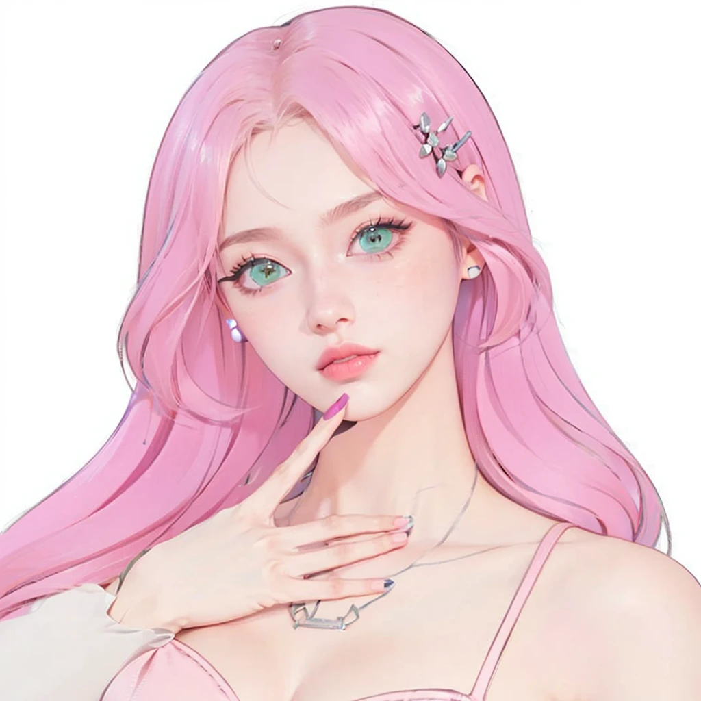 young woman, short shoulder-length pink hair, wide forehead, porcelain skin, pink eyebrows, big emerald green eyes, buttoned nose, full lips, heart-shaped face, slender body, small breasts, red tank top, Sakura Haruno , realistic, realism, details, 3d, well detailed