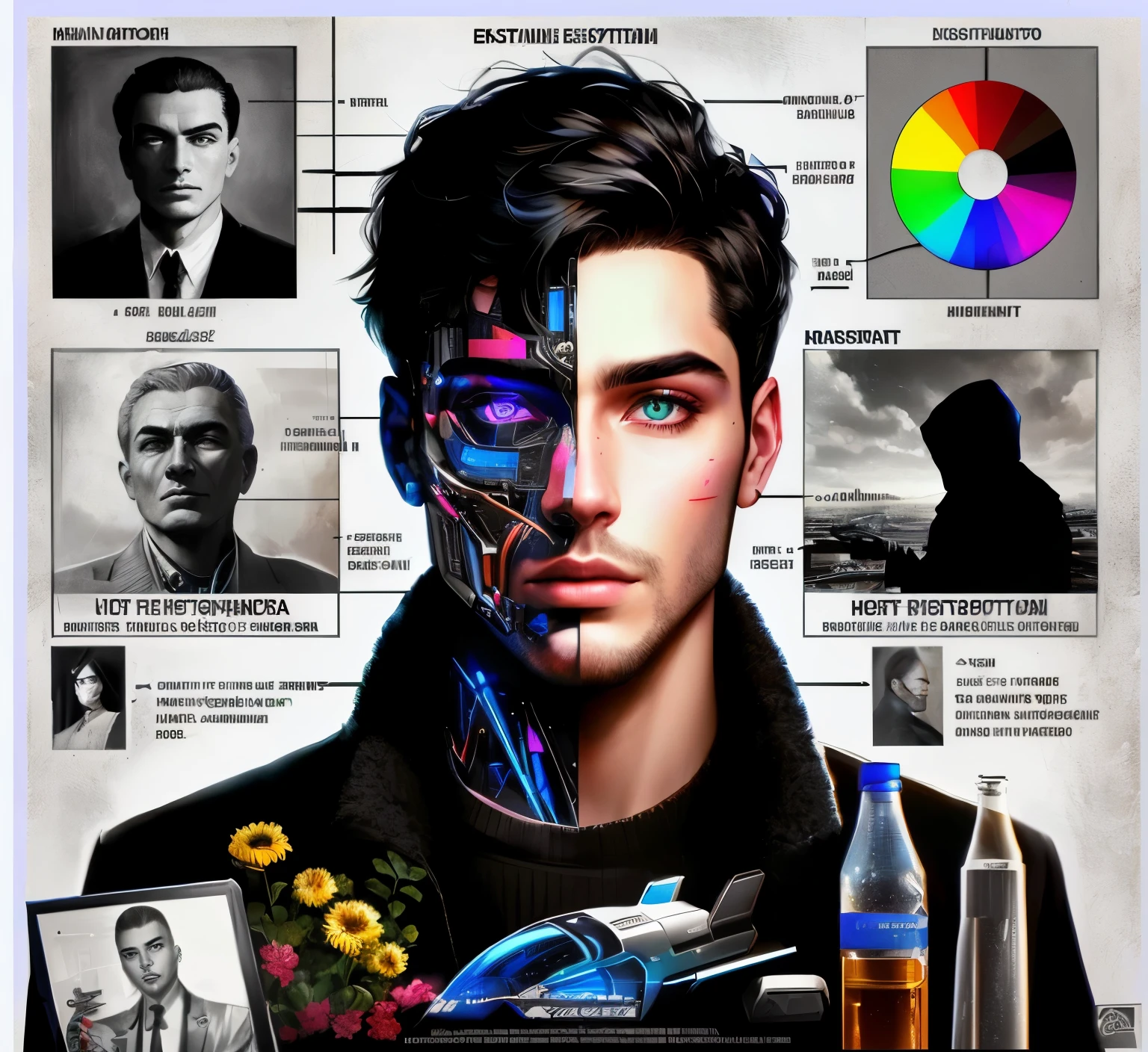 there is a poster of a man with a futuristic face and a photo of a man with a futuristic face, estilo de arte digital, capa de arte, obra-prima de arte digital, artstation man aesthetic, retrato de um artista faminto de IA, retrato de personagem darksynth, Ilustra??the epic portrait, retrato colorido, arte oficial, in digital illustration style, tecnologia batida. estilo neo preto, arte do photoshop