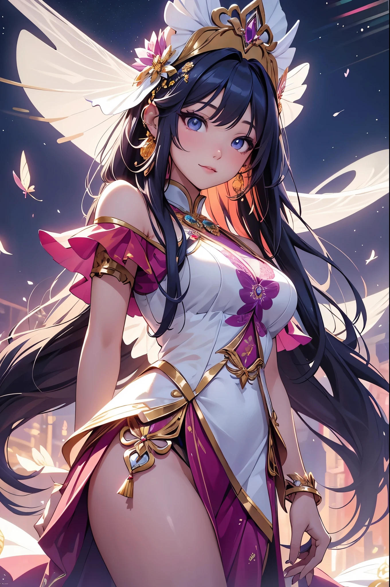 (best quality,4k,8k,highres,masterpiece:1.2),ultra-detailed,(realistic,photorealistic,photo-realistic:1.37),acrylic painting,beautiful Thai model in a Lolita dress with downy hair,beautiful Thai model with extremely colorful hair and detailed facial features,beautiful Thai model standing in a beautiful garden surrounded by a starry sky,beautiful Thai model wearing a vibrant Lolita dress,beautiful Thai model with intricate accessories and a matching hat,beautiful Thai model posing gracefully with her hands on her hips,beautiful Thai model with long flowing twintails,beautiful Thai model with bright blue eyes and rosy lips,beautiful Thai model with a joyful expression,beautiful Thai model in a dynamic pose with cherry blossoms falling around her,beautiful Thai model surrounded by colorful flowers and butterflies,beautiful Thai model's dress adorned with cute bows and lace details,beautiful Thai model with an enchanting smile,beautiful Thai model with soft, pastel-colored shading,beautiful Thai model with a magical glow illuminating her,beautiful Thai model in a picturesque setting with a winding path leading to a magnificent castle,beautiful Thai model holding a microphone and singing passionately,beautiful Thai model with a fairytale-like background,beautiful Thai model with a soft, dreamy atmosphere,beautiful Thai model with a subtle bokeh effect,beautiful Thai model standing under a moonlit sky,beautiful Thai model with a warm, golden sunset in the background,beautiful Thai model surrounded by twinkling stars and colorful nebulae,creating an ethereal and captivating artistic masterpiece.