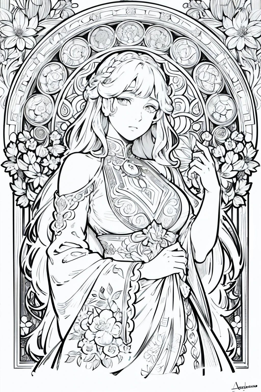 European women's face portrait, long curly hair, blonde, floral frame, decorative panel, abstract
Art by Alphonse Mucha, sketch, character lines and scenes without colors and shadows.
(Masterpiece, Best Quality, Highres:1.4), Detailed, Intricate Details, 4K, color splashes, line art, fibonacci,