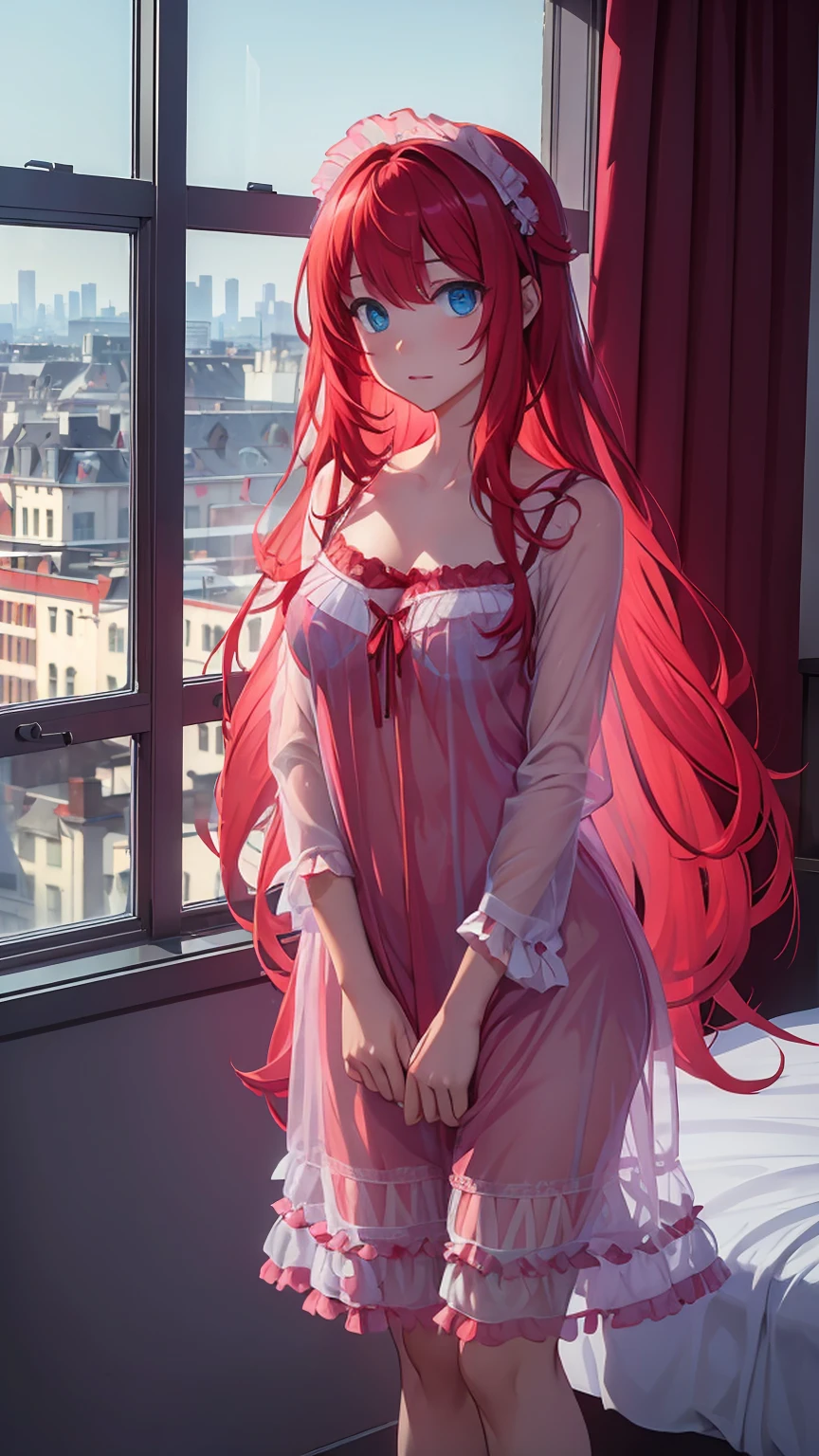 ((best quality)), ((masterpiece)), (detailed), perfect face, perfect body, 1girl, red long hair, cyan eyes, ((nightgown)), ((see-through)), ((frilly nightgown)), Seeing the girl front body, the girl in middle of bedroom hotel and windows from hotel bedroom showing the city night in background