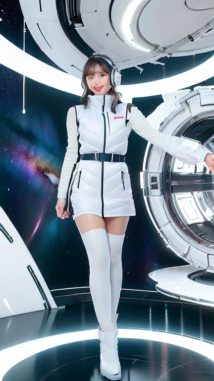 masterpiece:1.4, masterpiece,best quality,1girl,BREAK (portrait shot):100,(lower body):100,BREAK one girl in ((20yr old)), instagrammer pose,idol girl, dynamic pose,(astrovest):2,floating:20,jumping:20,(white shiny downves):5,(white puffer vest):5,(black tights),(black long sleeves):2,black belt ,smartwatch,huge breast,wears a tight futuristic latex silver and black and white bodysuit,(white boots),astrovest, de pele branca,beautiful face ,smile,japanese girl,dark brown
hair,huge-breasted, long hair, Perfect model body, Blue eyes:1.4, Wearing headphones, Flirting, Happy, Looking out the window of the futuristic sci-fi space station,While admiring the beautiful galaxy:1.2, BREAK SF control room on night background:1.1, Neon and energetic atmosphere:1.2 ((Galaxy)) ,((Solo:1.6)),futuristic space station background,inside space craft,Futuristic room,neotech,JeeSoo