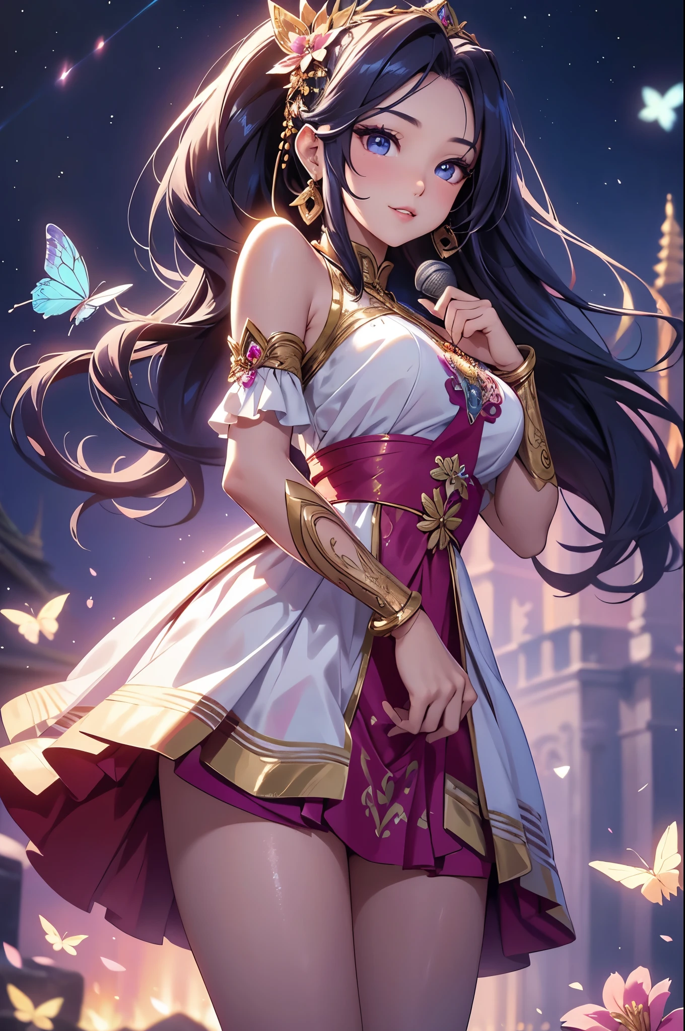 (best quality,4k,8k,highres,masterpiece:1.2),ultra-detailed,(realistic,photorealistic,photo-realistic:1.37),acrylic painting,beautiful Thai model in a Lolita dress with downy hair,beautiful Thai model with extremely colorful hair and detailed facial features,beautiful Thai model standing in a beautiful garden surrounded by a starry sky,beautiful Thai model wearing a vibrant Lolita dress,beautiful Thai model with intricate accessories and a matching hat,beautiful Thai model posing gracefully with her hands on her hips,beautiful Thai model with long flowing twintails,beautiful Thai model with bright blue eyes and rosy lips,beautiful Thai model with a joyful expression,beautiful Thai model in a dynamic pose with cherry blossoms falling around her,beautiful Thai model surrounded by colorful flowers and butterflies,beautiful Thai model's dress adorned with cute bows and lace details,beautiful Thai model with an enchanting smile,beautiful Thai model with soft, pastel-colored shading,beautiful Thai model with a magical glow illuminating her,beautiful Thai model in a picturesque setting with a winding path leading to a magnificent castle,beautiful Thai model holding a microphone and singing passionately,beautiful Thai model with a fairytale-like background,beautiful Thai model with a soft, dreamy atmosphere,beautiful Thai model with a subtle bokeh effect,beautiful Thai model standing under a moonlit sky,beautiful Thai model with a warm, golden sunset in the background,beautiful Thai model surrounded by twinkling stars and colorful nebulae,creating an ethereal and captivating artistic masterpiece. 