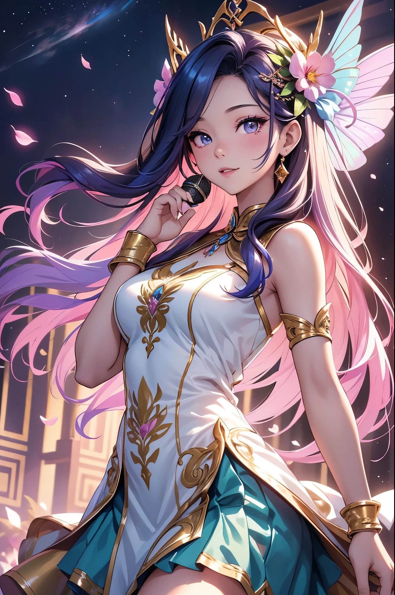 (best quality,4k,8k,highres,masterpiece:1.2),ultra-detailed,(realistic,photorealistic,photo-realistic:1.37),acrylic painting,beautiful Thai model in a ta dress with downy hair,beautiful Thai model with extremely colorful hair and detailed facial features,beautiful Thai model standing in a beautiful garden surrounded by a starry sky,beautiful Thai model wearing a vibrant Loliress,beautiful Thai model with intricate accessories and a matching hat,beautiful Thai model posing gracefully with her hands on her hips,beautiful Thai model with long flowing twintails,beautiful Thai model with bright blue eyes and rosy lips,beautiful Thai model with a joyful expression,beautiful Thai model in a dynamic pose with cherry blossoms falling around her,beautiful Thai model surrounded by colorful flowers and butterflies,beautiful Thai model's dress adorned with cute bows and lace details,beautiful Thai model with an enchanting smile,beautiful Thai model with soft, pastel-colored shading,beautiful Thai model with a magical glow illuminating her,beautiful Thai model in a picturesque setting with a winding path leading to a magnificent castle,beautiful Thai model holding a microphone and singing passionately,beautiful Thai model with a fairytale-like background,beautiful Thai model with a soft, dreamy atmosphere,beautiful Thai model with a subtle bokeh effect,beautiful Thai model standing under a moonlit sky,beautiful Thai model with a warm, golden sunset in the background,beautiful Thai model surrounded by twinkling stars and colorful nebulae,creating an ethereal and captivating artistic masterpiece. 