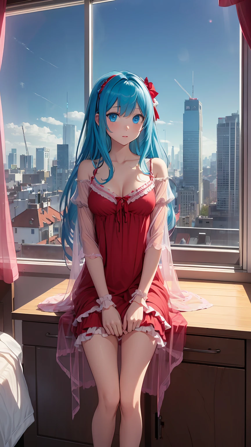 ((best quality)), ((masterpiece)), (detailed), perfect face, perfect body, 1girl, red long hair, cyan eyes, ((nightgown)), ((see-through)), ((frilly nightgown)), seeing her boobies, Seeing the girl front body, the girl in middle of bedroom hotel and windows from hotel bedroom showing the city night in background