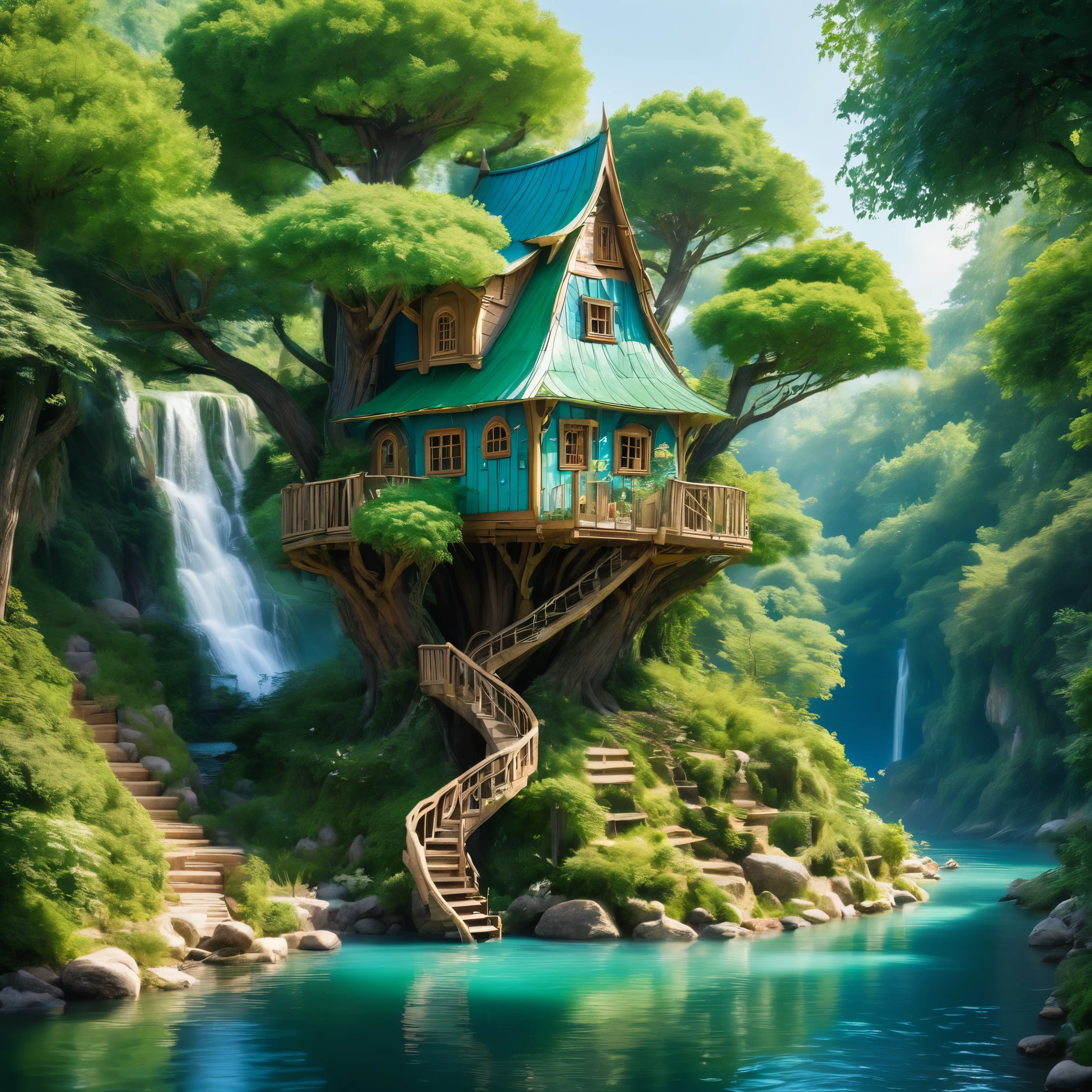 Fairy tales land three  colours green blue white  8k details river tree  house 