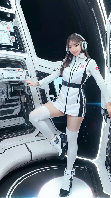 ​masterpiece:1.4, masterpiece,best quality,1girl,BREAK (portrait shot):100,(lower body):100,BREAK one girl in ((20yr old)), instagrammer pose,idol girl, dynamic pose,(astrovest):2,floating:20,jumping:20,(white shiny downves):5,(white puffer vest):5,(black tights),(black long sleeves):2,black belt ,smartwatch,huge breast,wears a tight futuristic latex silver and black and white bodysuit,(white boots),astrovest, de pele branca,beautiful face ,smile,japanese girl,dark brown 
hair,huge-breasted, long hair, Perfect model body, Blue eyes:1.4, Wearing headphones, Flirting, Happy,  Looking out the window of the futuristic sci-fi space station,While admiring the beautiful galaxy:1.2, BREAK SF control room on night background:1.1, Neon and energetic atmosphere:1.2 ((Galaxy)) ,((Solo:1.6)),futuristic space station background,inside space craft,Futuristic room,neotech,JeeSoo 