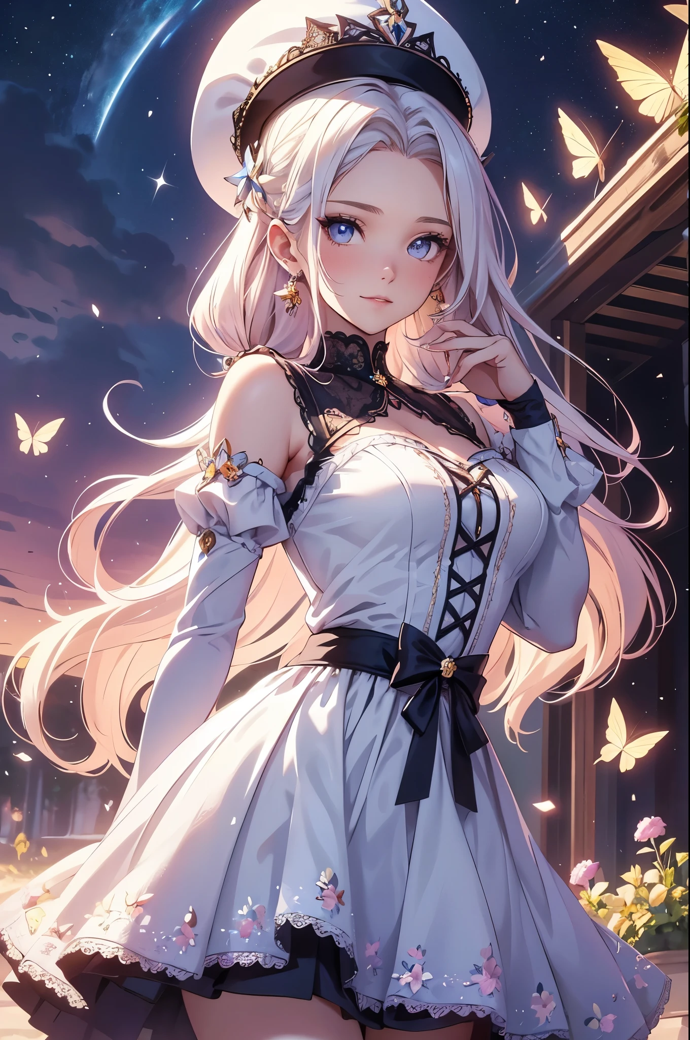 masterpiece, Best night, full moon, A woman, Mature woman ,Cold Face, Expressionless, silvery white, Long Hair, woman, Pale pink lips, Calm, intellectual, Three Belts, Grey Eyes, Flowers,