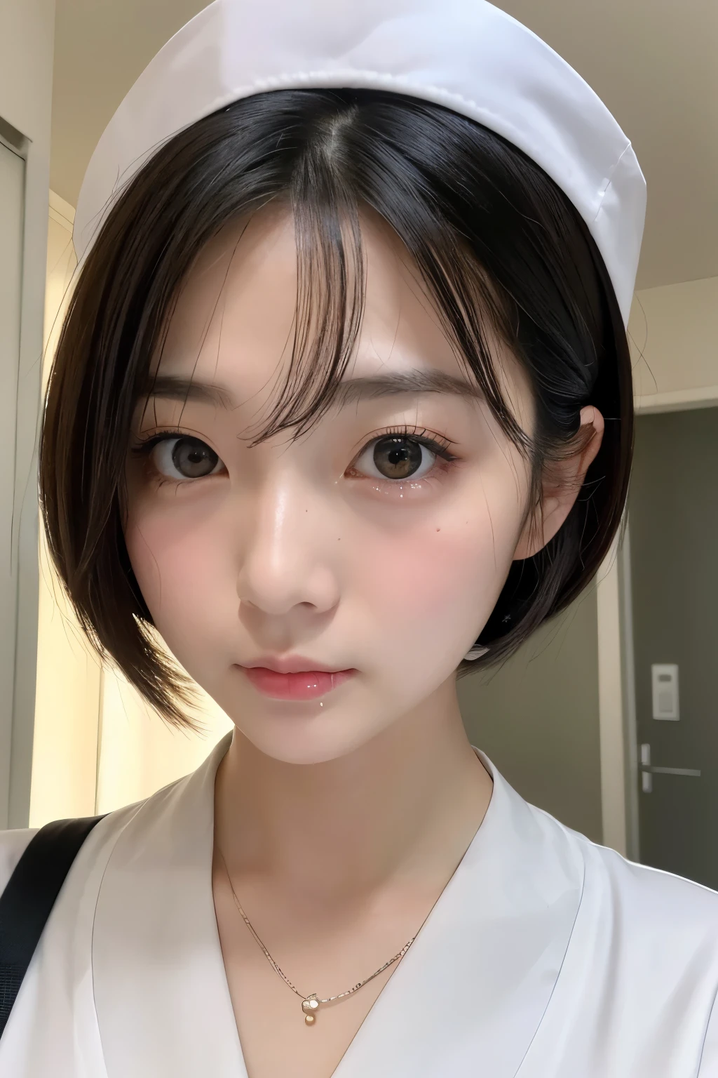 (1 Girl)、(Beautiful Japanese、18years old,round face、Refreshing、clear、seems kind、stylish、Pitiful、cute like an angel、cute、black eyes、,actress,Almond-shaped eyes), Good style , (Beautiful big breasts:1.2),(soft breasts),(very cute),(Black hair),(short bob hair),(enchanting eyes),(highlight on eyes:1.2)、(8K、Live shooting、highest quality、masterpiece:1.2、optimal lighting)、((masterpiece)),(Photo taken by a professional photographer),(real、photo real:1.4),break,{ (White nurse costume),(((taraditional nurse uniform))),(White nurse mini skirt),((White pantyhose)),(cleavage:1.2)},( Sad face:1.4),(tears:1.4))(cheeks are red:1.2), break, break,Hospital,Face shot:1.3、Hospital room、Looking at viewer:1.6, face close-up,Looking down,Looking up
