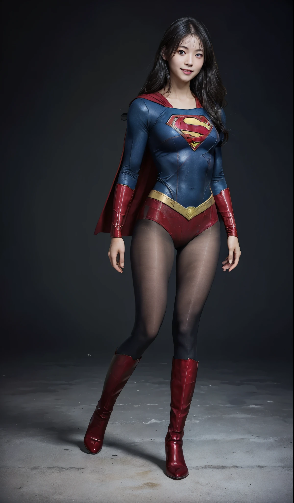 No background、(((Beautiful legs in black tights.)))、(((Legally express the beauty of your smile)))、((((Make the most of your original images)))、(((Supergirl Costume)))、(((Beautiful Hair)))、(((suffering)))、(((Please wear black tights....、Wear red boots)))、((Best image quality、8k))、((highest quality、8k、masterpiece:1.3))、(((Preserve background )))、Sharp focus:1.2、Beautiful woman with perfect figure:1.4、Slim Abs:1.2、Wet body:1.5、Highly detailed face and skin texture、8k