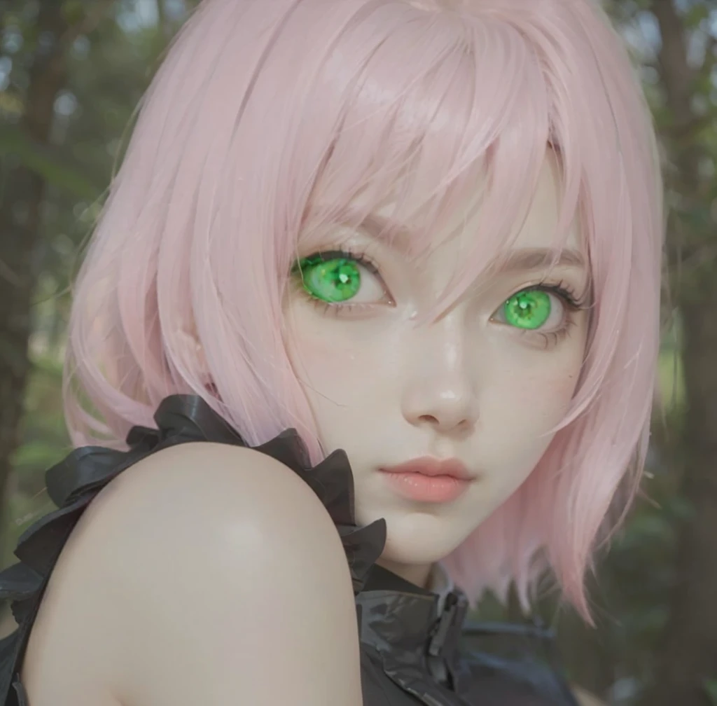 young woman, short shoulder-length pink hair, wide forehead, porcelain skin, pink eyebrows, big emerald green eyes, buttoned nose, full lips, heart-shaped face, slender body, small breasts, red tank top, Sakura Haruno , realistic, realism, details, 3d, well detailed