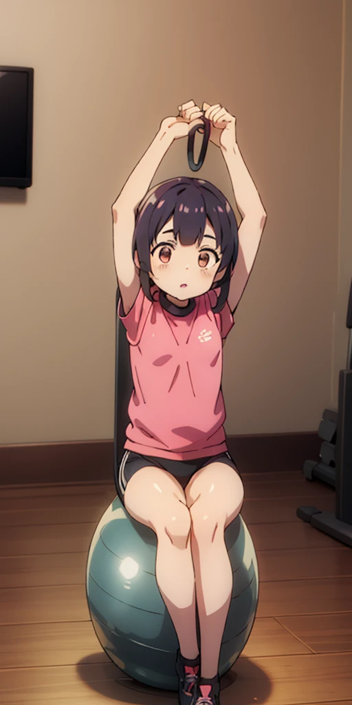 1girl, sitting on the Exercise ball, arms raised in the air, front view, cute
