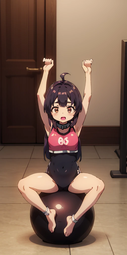 1girl, sitting on the Exercise ball, arms raised in the air, front view, cute