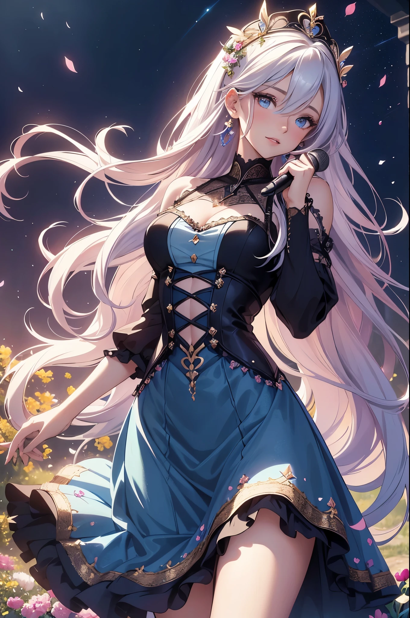 (best quality,4k,8k,highres,masterpiece:1.2),ultra-detailed,(realistic,photorealistic,photo-realistic:1.37),acrylic painting,beautiful Swedish model in a Lolita dress with downy hair,beautiful Swedish model with extremely colorful hair and detailed facial features,beautiful Swedish model standing in a beautiful garden surrounded by a starry sky,beautiful Swedish model wearing a vibrant Lolita dress,beautiful Swedish model with intricate accessories and a matching hat,beautiful Swedish model posing gracefully with her hands on her hips,beautiful Swedish model with long flowing twintails,beautiful Swedish model with bright blue eyes and rosy lips,beautiful Swedish model with a joyful expression,beautiful Swedish model in a dynamic pose with cherry blossoms falling around her,beautiful Swedish model surrounded by colorful flowers and butterflies,beautiful Swedish model's dress adorned with cute bows and lace details,beautiful Swedish model with an enchanting smile,beautiful Swedish model with soft, pastel-colored shading,beautiful Swedish model with a magical glow illuminating her,beautiful Swedish model in a picturesque setting with a winding path leading to a magnificent castle,beautiful Swedish model holding a microphone and singing passionately,beautiful Swedish model with a fairytale-like background,beautiful Swedish model with a soft, dreamy atmosphere,beautiful Swedish model with a subtle bokeh effect,beautiful Swedish model standing under a moonlit sky,beautiful Swedish model with a warm, golden sunset in the background,beautiful Swedish model surrounded by twinkling stars and colorful nebulae,creating an ethereal and captivating artistic masterpiece.