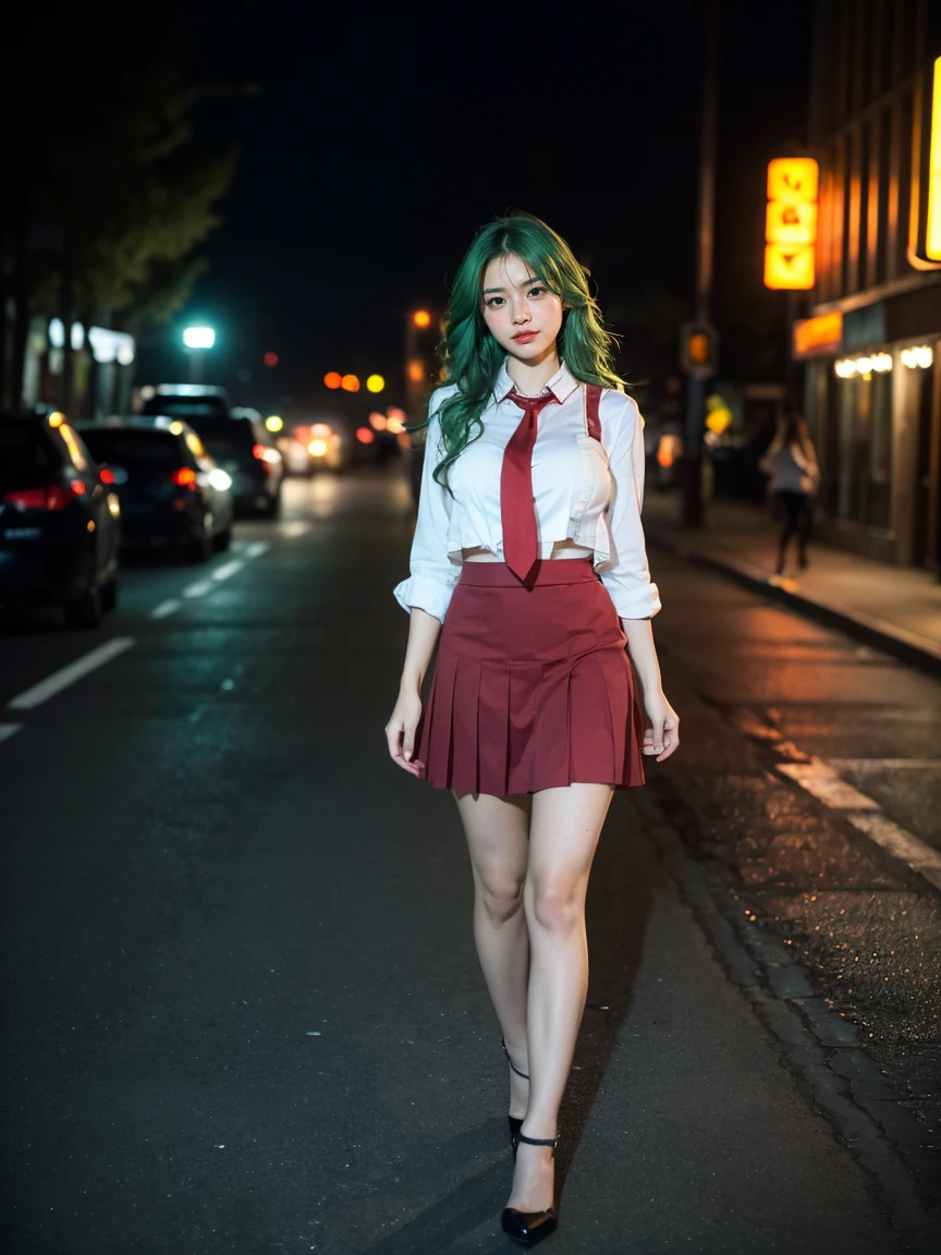 (1 lady), (Best quality at best:1.4), (ultra - detailed), (extremely detailed CG unified 16k), A Beautiful Woman with Perfect Figure: 1.4, Sharp Focus: 1.2, very detailed, High-definition RAW color photo, professional photoshooting, amazing face and eyes, cosmetics, (amazingly beautiful girl), ((Mion Sonozaki)), ((white shirt, red necktie, yellow vest, red skirt)), standing, sexyposture,(Dark and stylish urban landscape, city lights, city lights:1.3), (look from down), realistic cinematic face, head to feet long wide zoomed out view, full body long view, photorealistic, ((realistic natural green hair style, green eyes, long hair)), gorgeous, extremely beautiful face, perfect model beauty, pout mouth, Highly Detailed Face and Skin Texture, Detailed Eyes, Double Eyelids, Big Breasts, Smile, cleavages, western, (masterpiece), best quality, high resolution, extremely detailed, blurred background, depth of field, cinematic lighting, amazing legs, clear and well-cared skin, (((woman occupies most of the picture)))