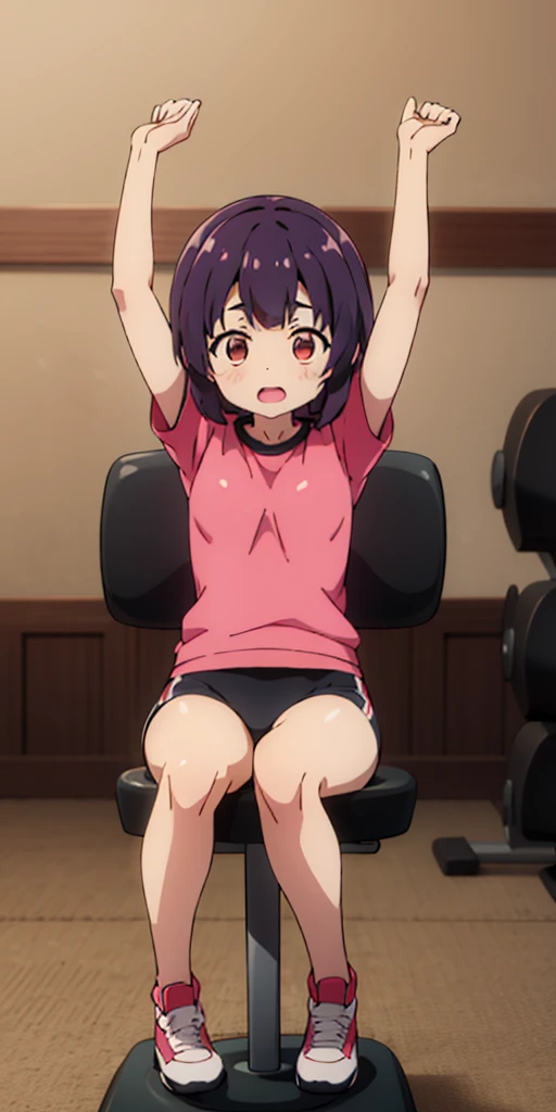 1girl, sitting on the Exercise ball , arms raised in the air , front view, cute